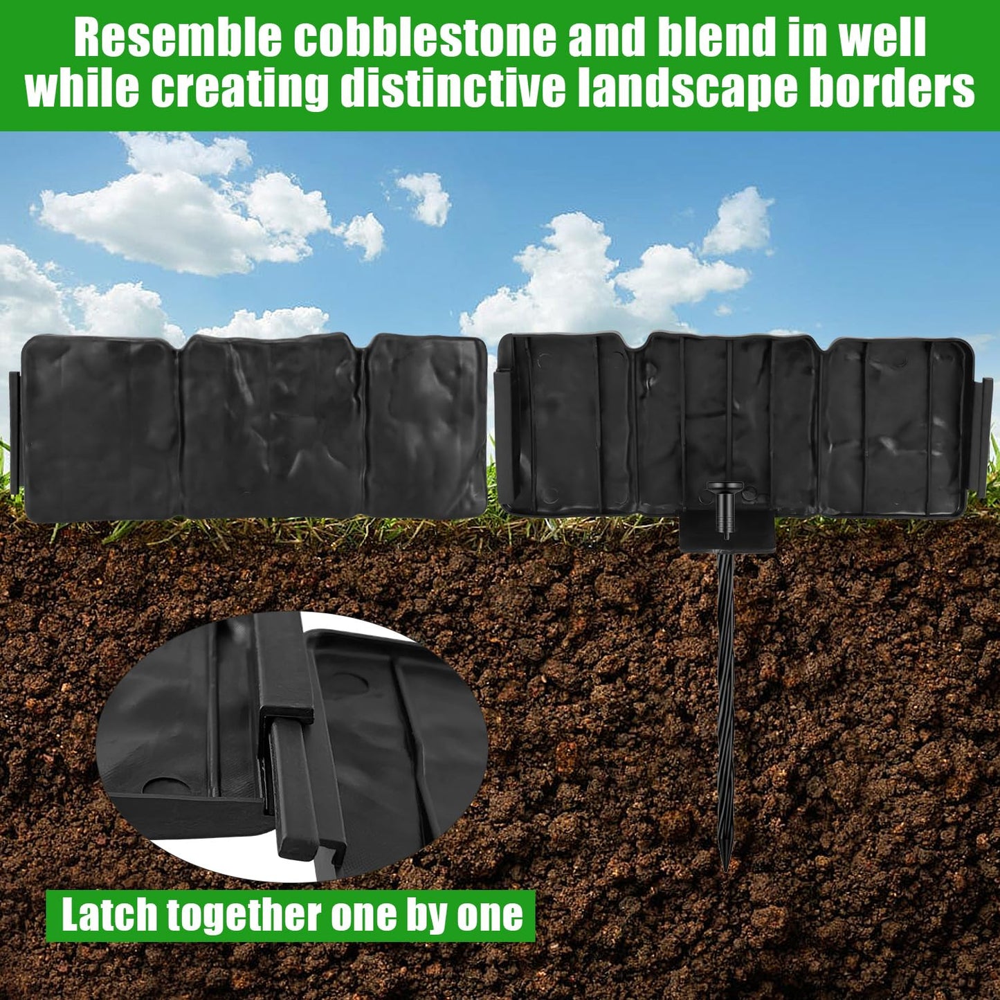 Garden Edging Border NO DIG, with Landscape Edging Anchoring Spikes, Black Stone Effect Plastic Lawn Edging Fencing, Interlocking Yard Lawn Edging for Flower Bed | 16 Ft | 20Pcs | Black |