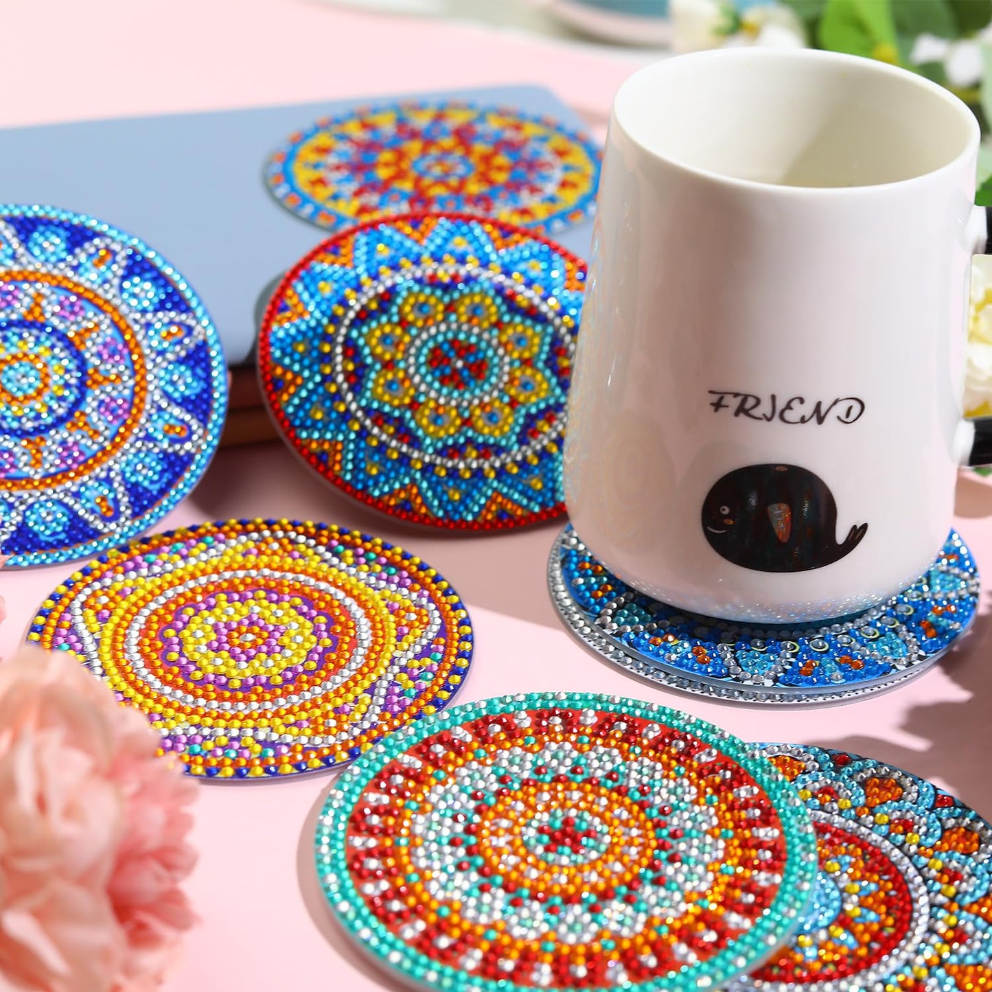 8 PCS Mandala Diamond Art Coasters Kits, Boho Diamond Painting Coasters with Holder Set of 8, DIY Drink Coasters Art Crafts Supplies for Adults Cup Mat for Home Decor House Warming Gifts 3.9inch