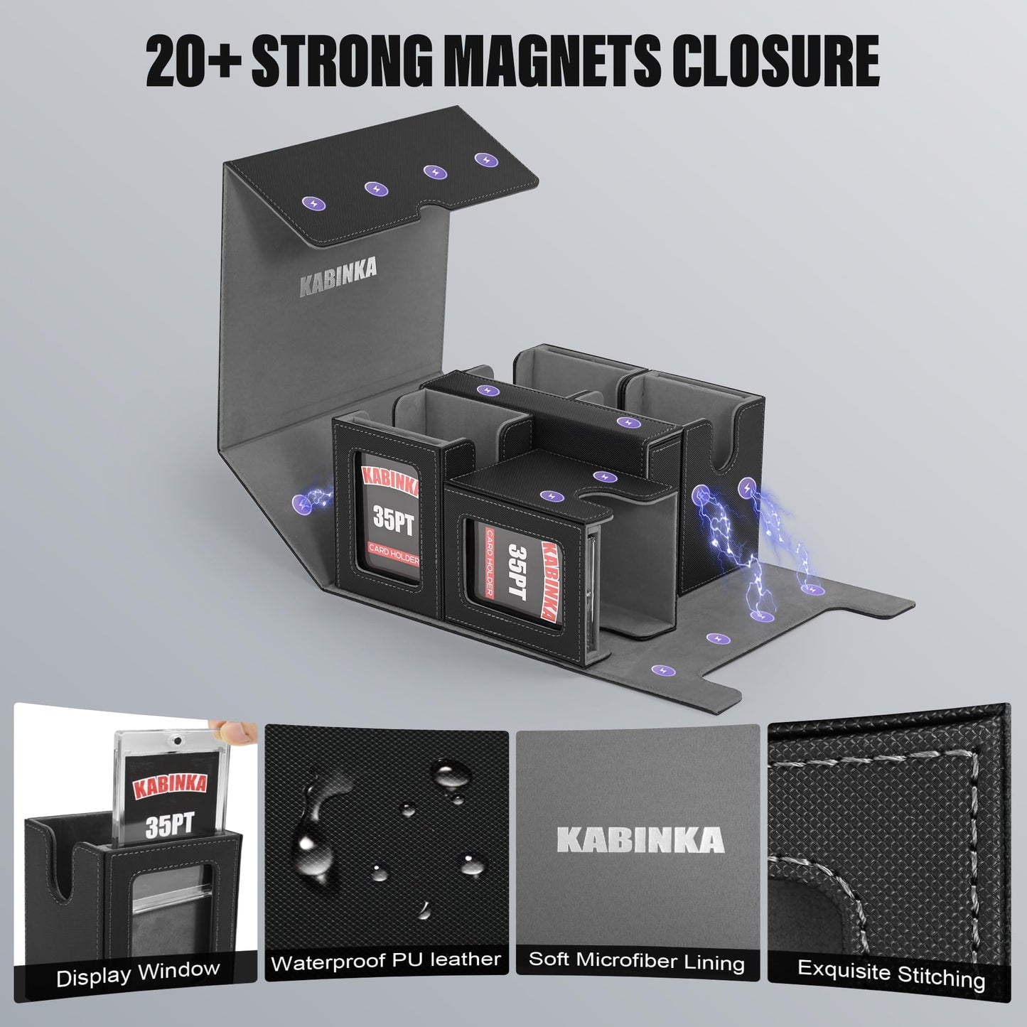 Kabinka Card Deck Box for MTG Commander, Holds 400+ Double-Sleeved Cards, 5 IN 1 Detachable Card Case with Dice Tray, Fits Magic/TCG Cards, 4 Magnetic Card Holders & Dividers (Black)