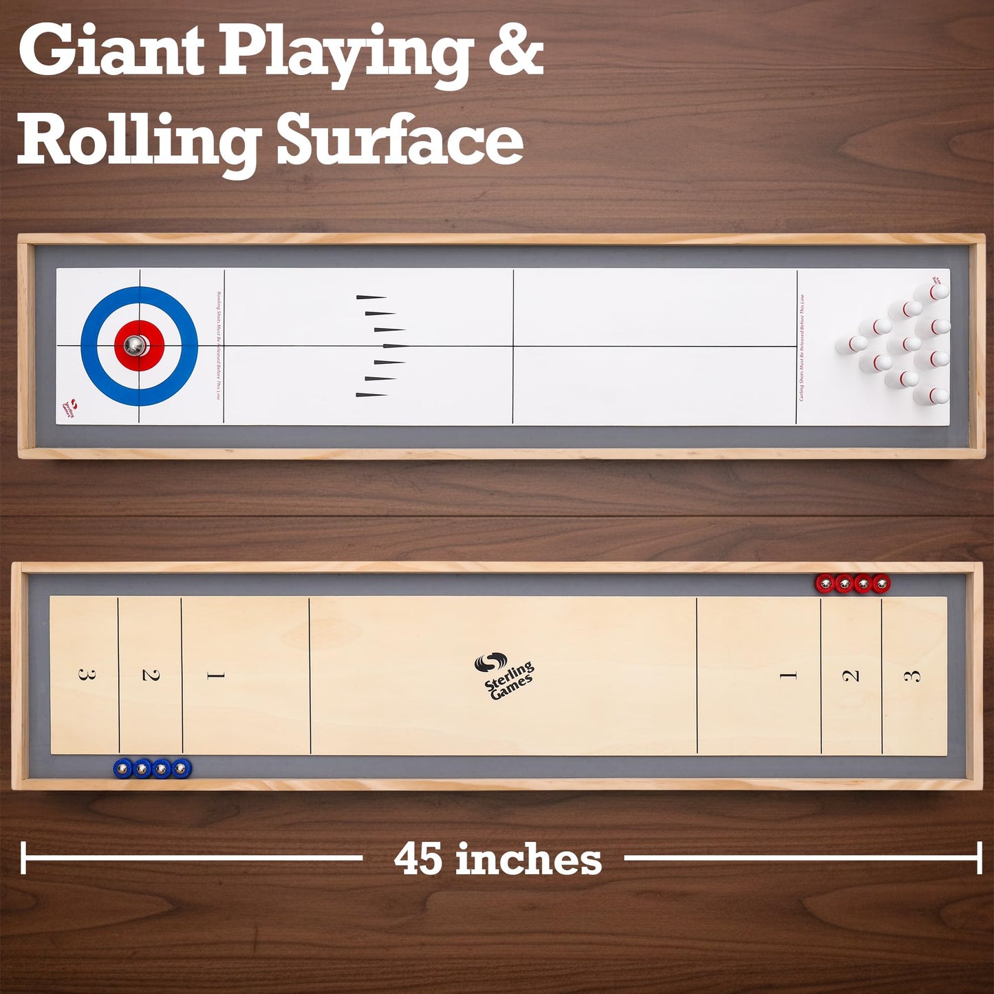 Sterling Games Tabletop Shuffleboard, Bowling and Curling 3 in 1 Combo Game Set, Two Sided Wooden Arcade Game Board with Pucks and Bowling Pins, a Table Top Game for Kids and Family