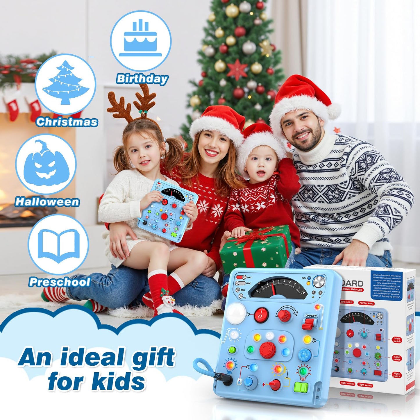 Busy Board Montessori Toys for Toddlers 1 2 3 4 Year Old with 13 LED Lights, Sensory Board Toys Educational Learning for Toddlers, Activity Toy Christmas Birthday Gifts for 1+ Year Old Boys and Girls