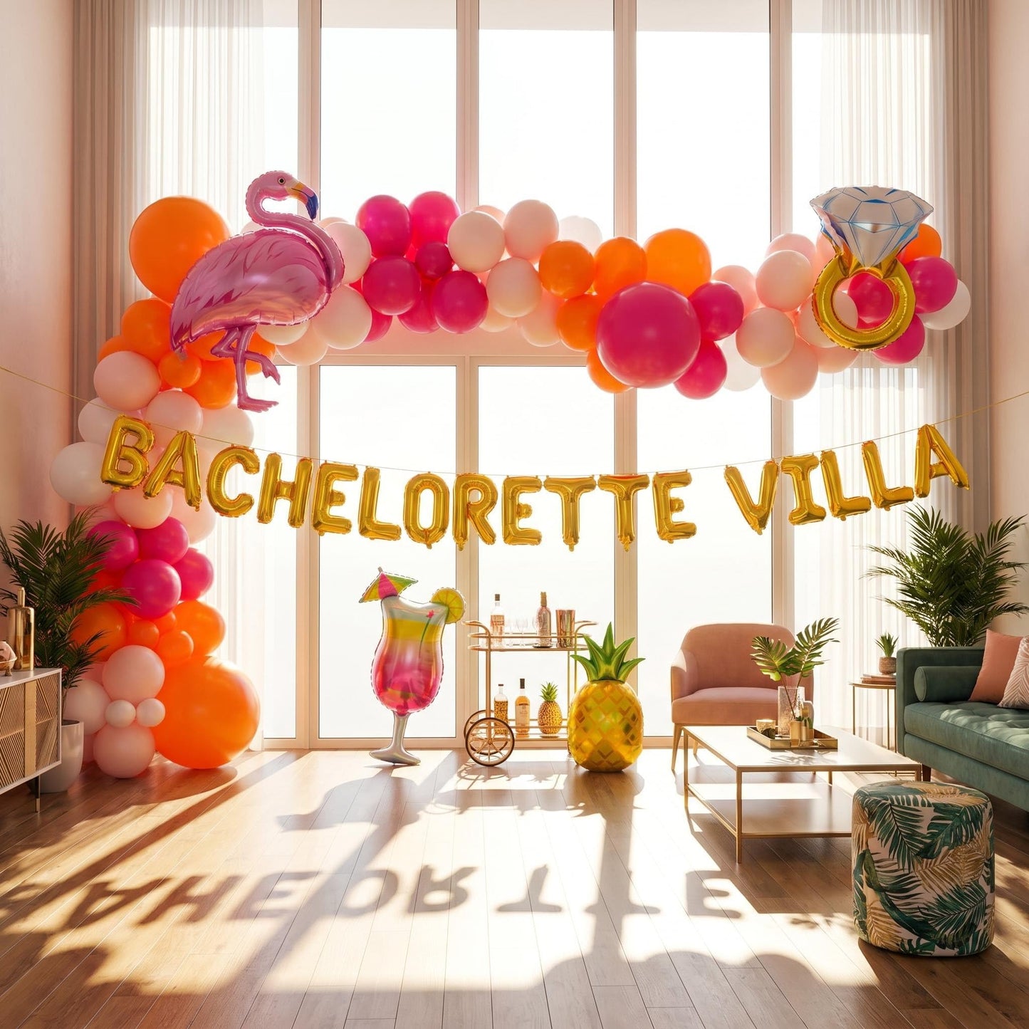 Bachelorette Villa Party Decorations Kit - Tropical Island Theme Balloon Banner with Flamingo, Pineapple, and Giant Ring Balloons - Beach Bridal Shower, Luau Party Supplies, Hot Bride Summer Backdrop