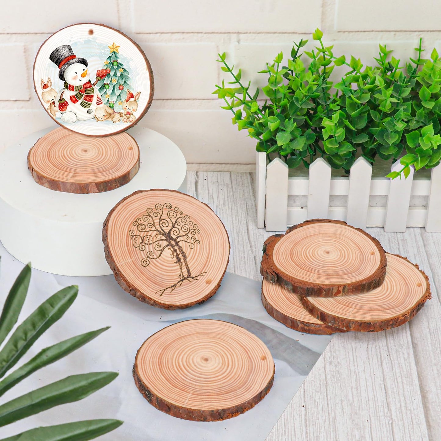 kukmakri 90 PCS Natural Wood Slices with Hole for Crafts, Diameter 3.54-3.94 Inch, Perfect Wood Slices Wooden Circles and Discs for Centerpieces, Decorations, and More(Include 2 Rope)