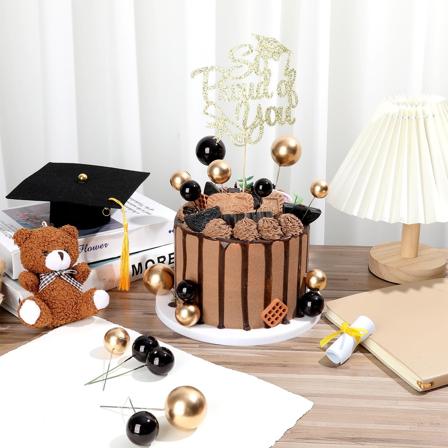 43Pcs Graduation Cake Kit Included Felt Grad Cap with Tassel Gold Black Balls Graduations Party Supplies So Proud of You Cupcake Topper for Congrats Senior High School College Parties Decor(Gold)