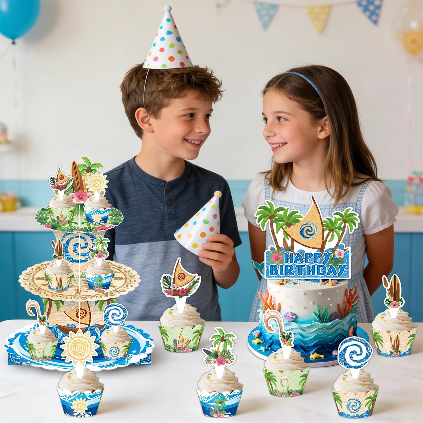26Pcs Hawaiian Beach Birthday Party Decorations Including Cake Stand Cupcake Wrappers Cupcake Topper Cake Topper Hawaiian Party Supplies Baby Shower