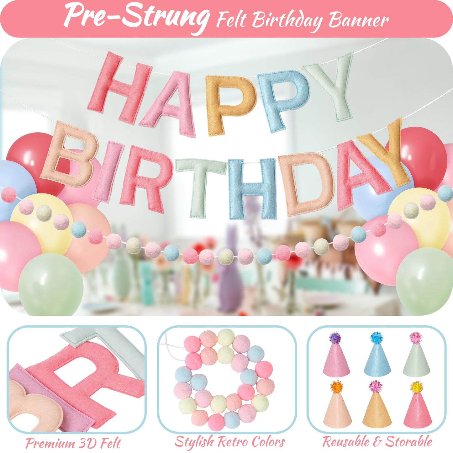Kriyokiaa Pre-Strung Felt Happy Birthday Banner Retro Pastel Happy Birthday Party Decorations with Party Hats for Stuffed Animals, Pom Pom Garland and Latex Balloons for Women Girls Party Decor