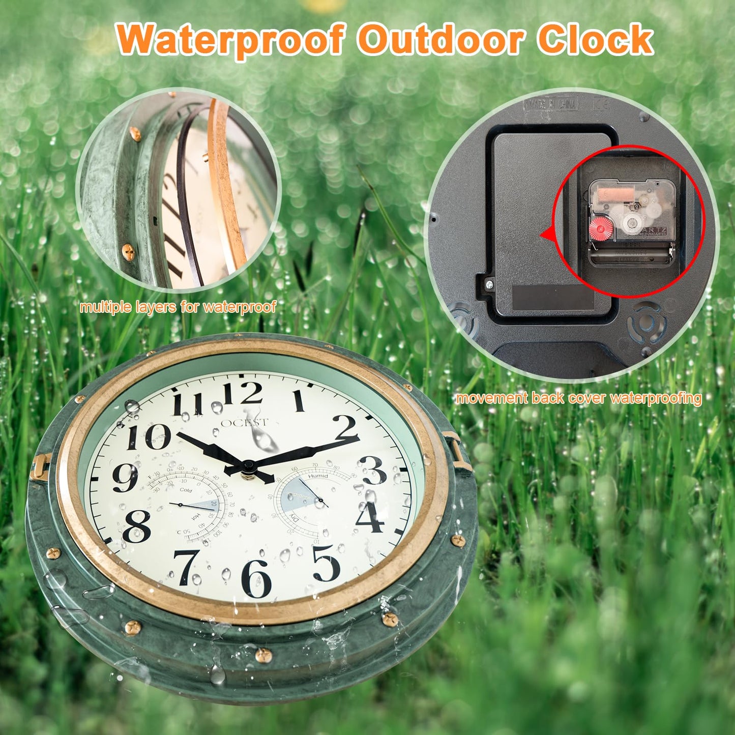 OCEST 16 Inch Indoor Outdoor Clock, Waterproof Wall Clock with Thermometer Hygrometer, Silent Non-Ticking Battery Operated Decor for Home Decor, Patio(Retro Green)