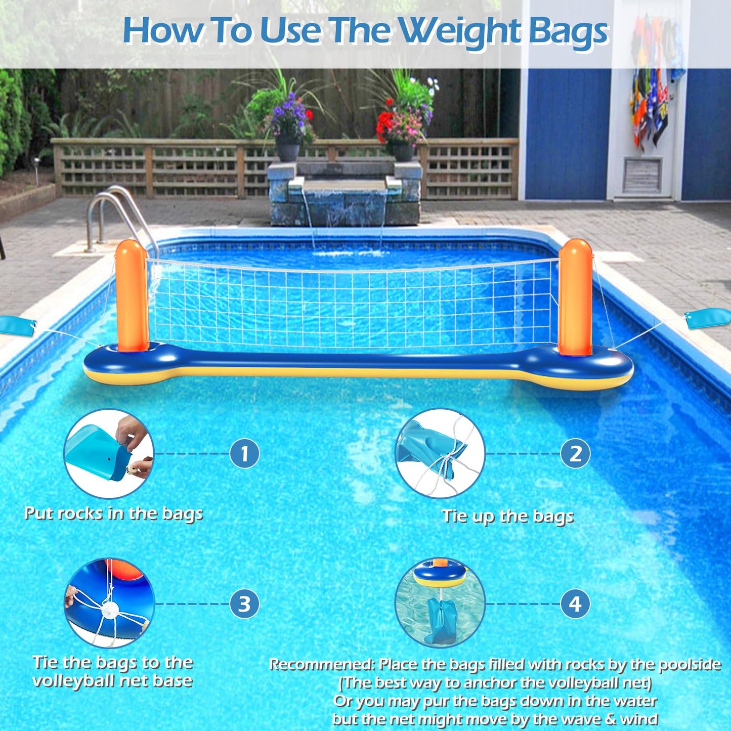 Jasonwell Pool Toys Games Set - 3 in 1 Pool Volleyball Net Basketball Hoop Ring Toss Game Inflatable Floats Water Floating Volleyball Swimming Pools Games Party Gift for Kids Adults (Orange&Blue, XL)