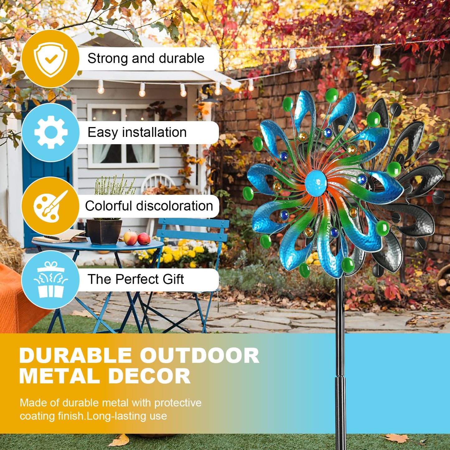 MLKNK Wind Spinners for Yard and Garden - Wind Sculptures & Spinners, 75 Inch, Navy Blue, Kinetic Art with Solar Powered Multi-Color Glass Ball Light