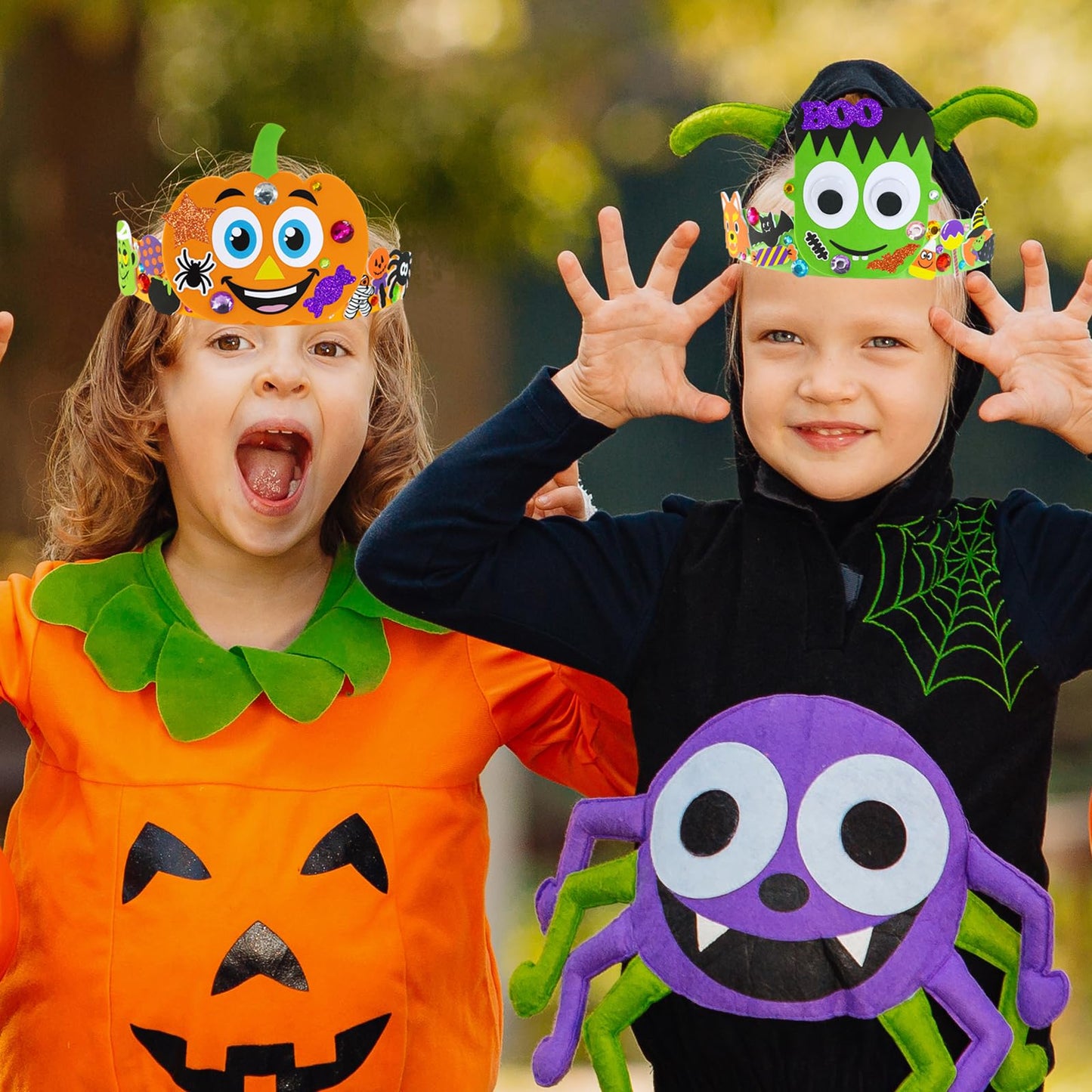 Winlyn 24 Sets Halloween Headbands Craft Kits DIY Crown Art Sets Spider Bat Jack-o'-Lantern Witch Hat with Halloween Foam Stickers Crafts for Kids Classroom Activities Party Favors Trick-or-Treat