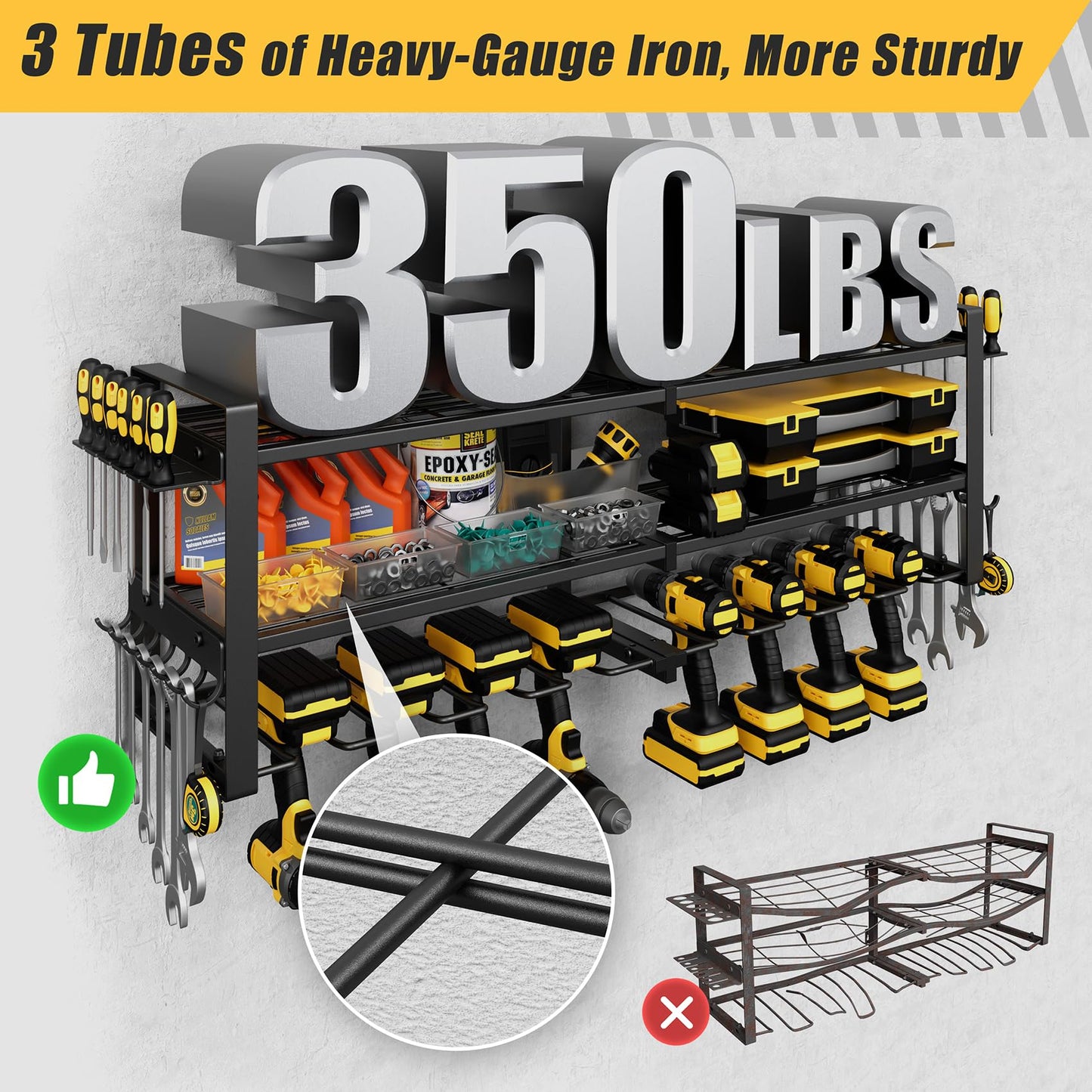 Jusgym Power Tool Organizer Wall Mount |350lbs Garage Tool Storage Rack with 6 Cordless Drill Holder |3-Tier 32''W Heavy Duty Garage Organization |Fathers Day Dad Gifts for Men