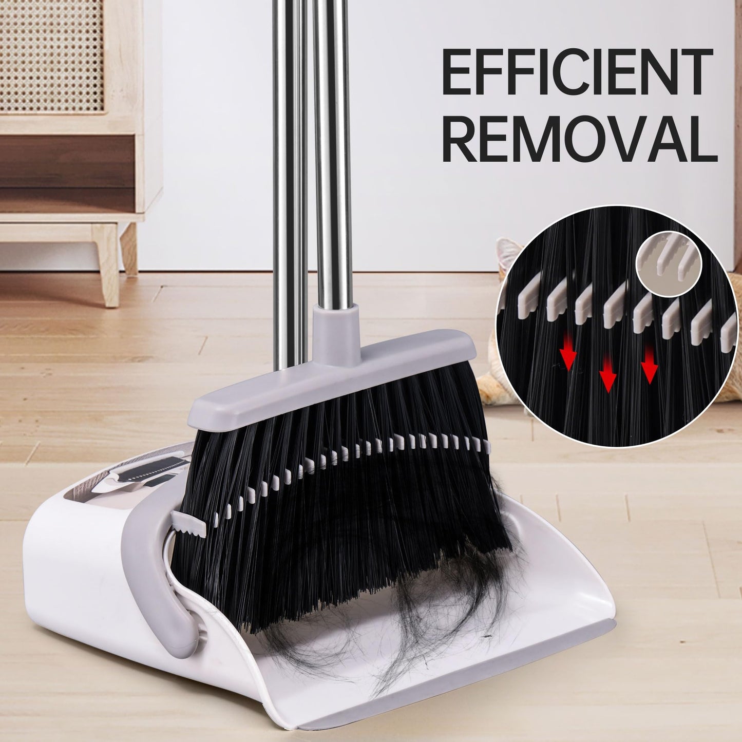 OPTTIDI Broom with Dustpan Combo Set, Hand Broom and Dustpan Set for Sweeping Indoor Angle Broom for Home Office Kitchen Lobby Floor Pet Hair Indoor&Outdoor Cleaning (White&Gray)