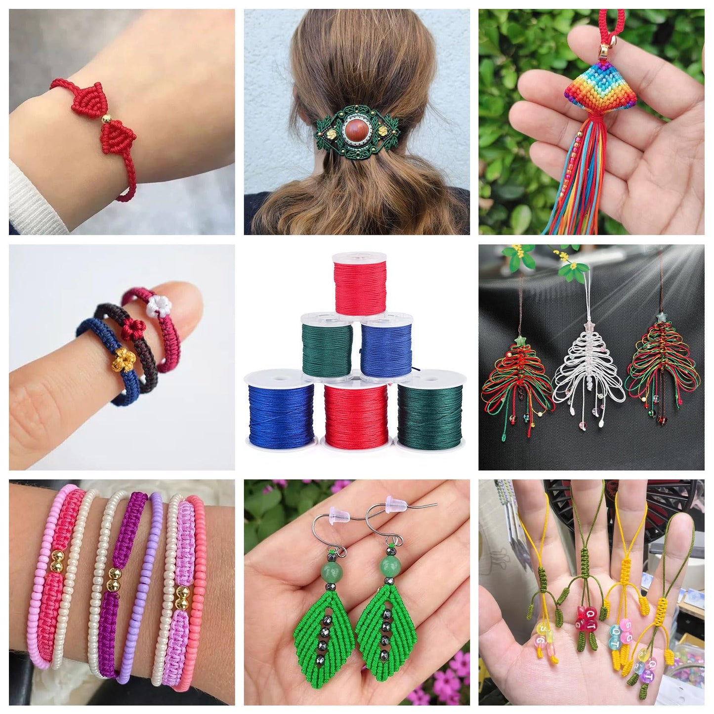 Craftora 6 Rolls 0.8 1mm Nylon Beading Twine for Frienship Bracelets,Red Blue Green Chinese Knotting Cord Kumihimo Macrame Thread for DIY Wind Chime Necklace Jewelry Making Craft