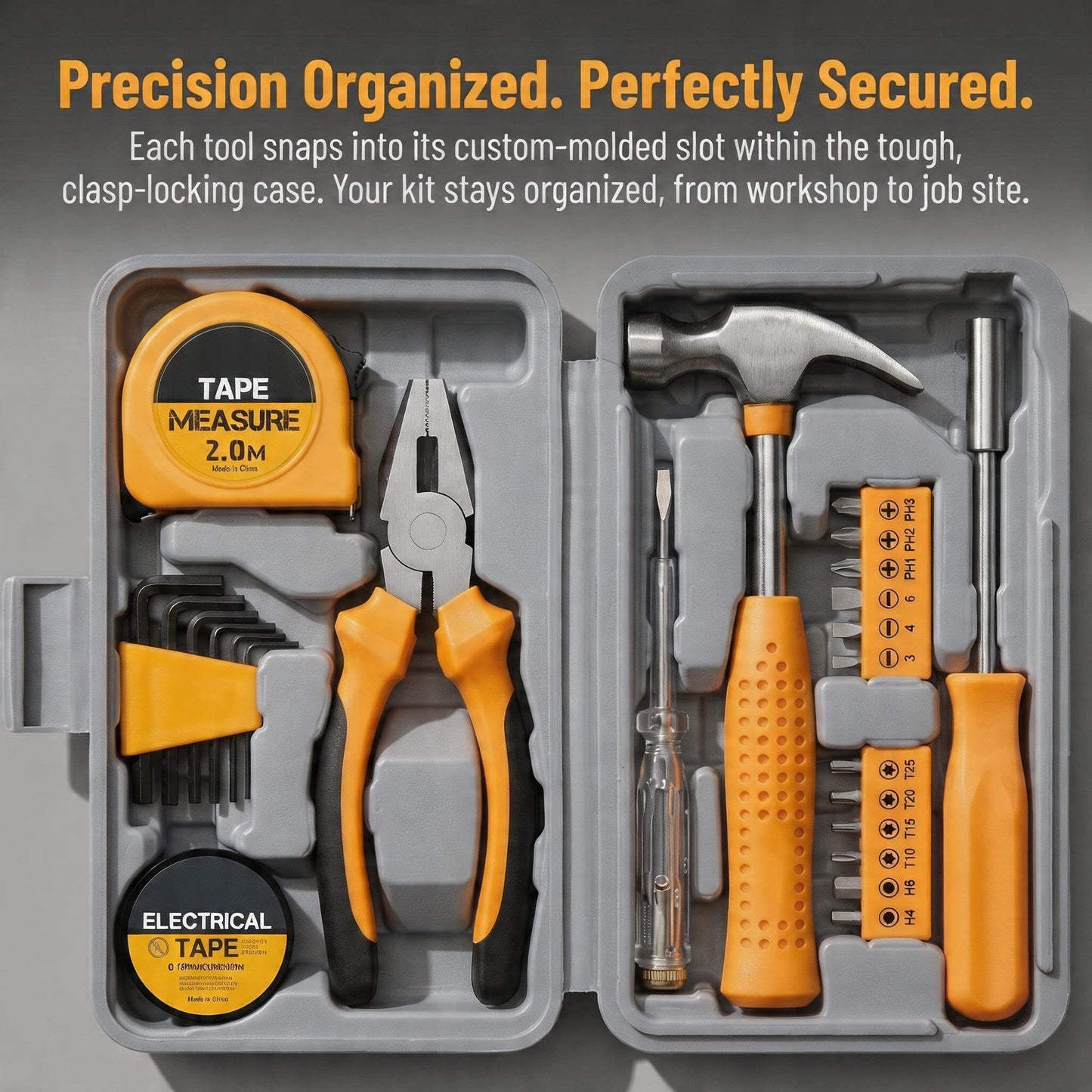 Tool Kit, 8 Piece Home Repair Set with Tape Measure, Hex Keys, Pliers, Hammer, Screwdrivers, Electrical Tape, Gray Case (Green)