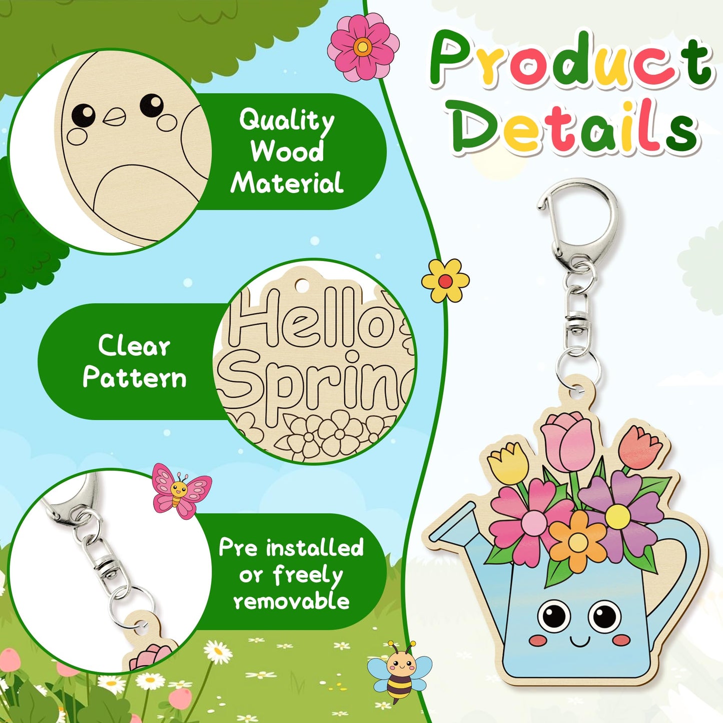 Haooryx Diy Wood Craft Kit - 24 Pcs Paint Decorate Your Own Hello Spring Cute Flower Animals DIY Wooden Art Painting Blank Keychains Wood Craft Kit Creative Activity Birthday Party Favors Goodie Bag
