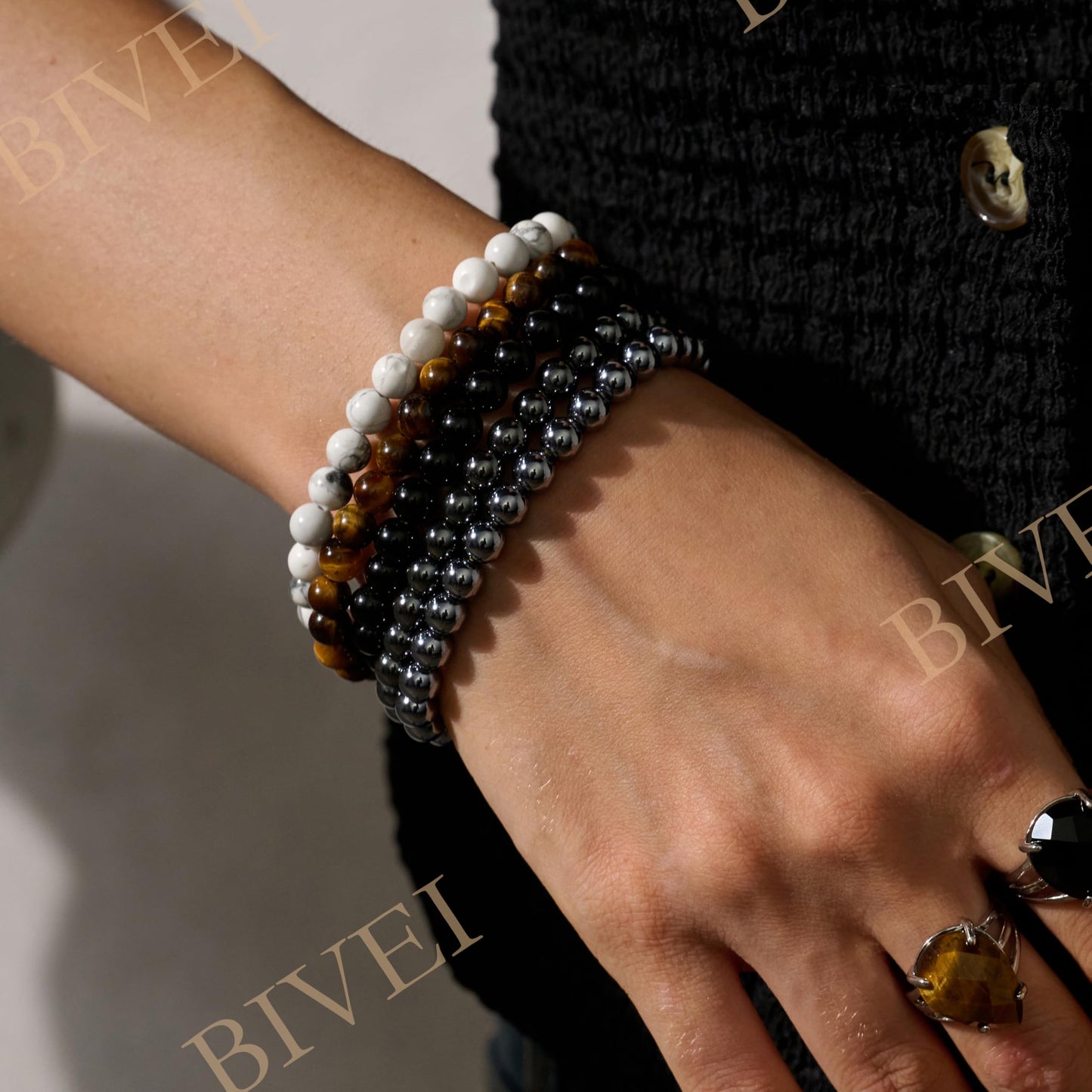 Bivei Black Obsidian - Strength - 6mm Beaded Bracelets for Women Handmade Semi Precious Natural Stone Stretch Elastic Jewelry for Women Yoga Protection Gifts