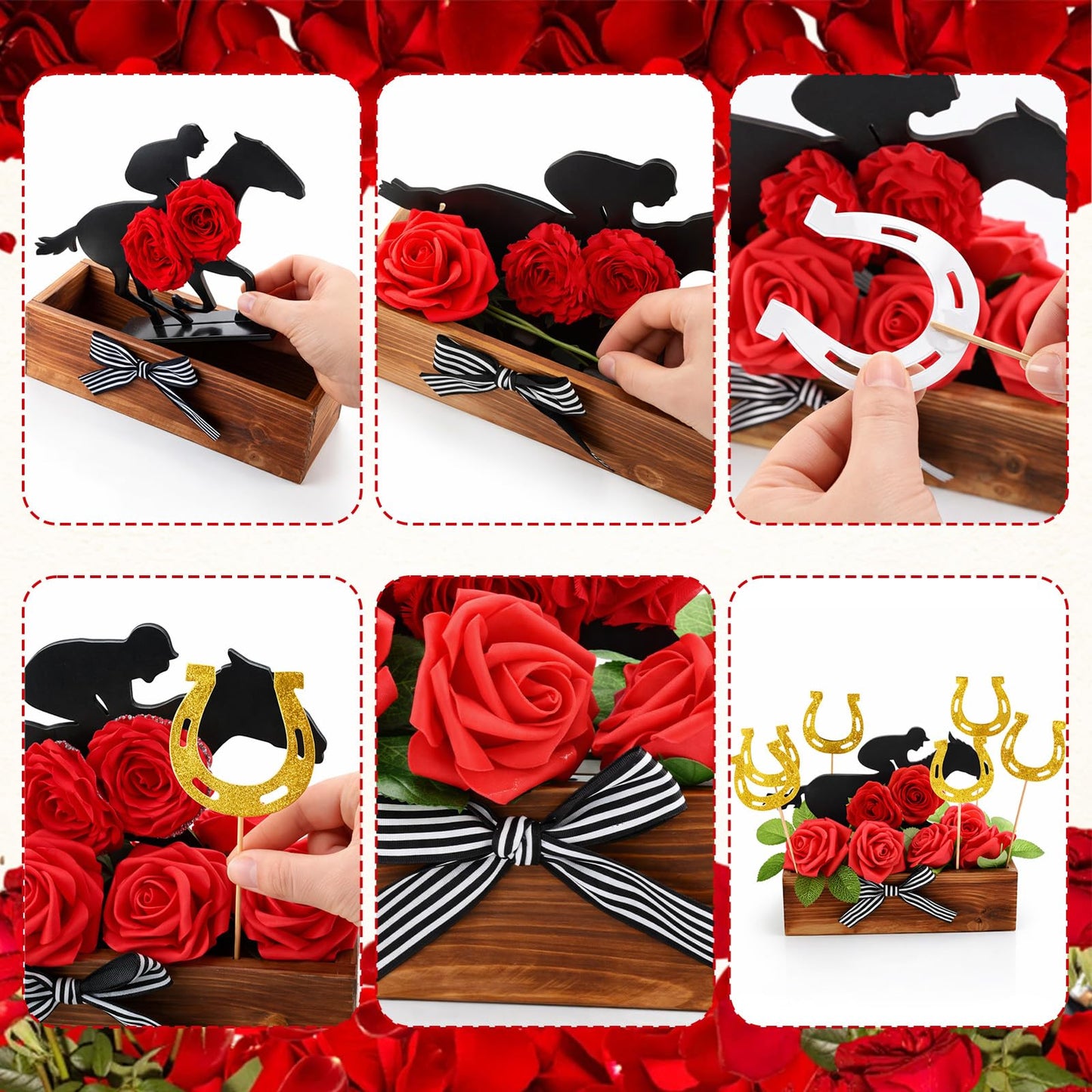 Wenqik 49 Pcs Derby Party Decorations Centerpiece Set Rustic Wooden Planters Box Artificial Red Roses Flowers Bouquet and Horse Racing for Derby Table Birthday Party Supplies