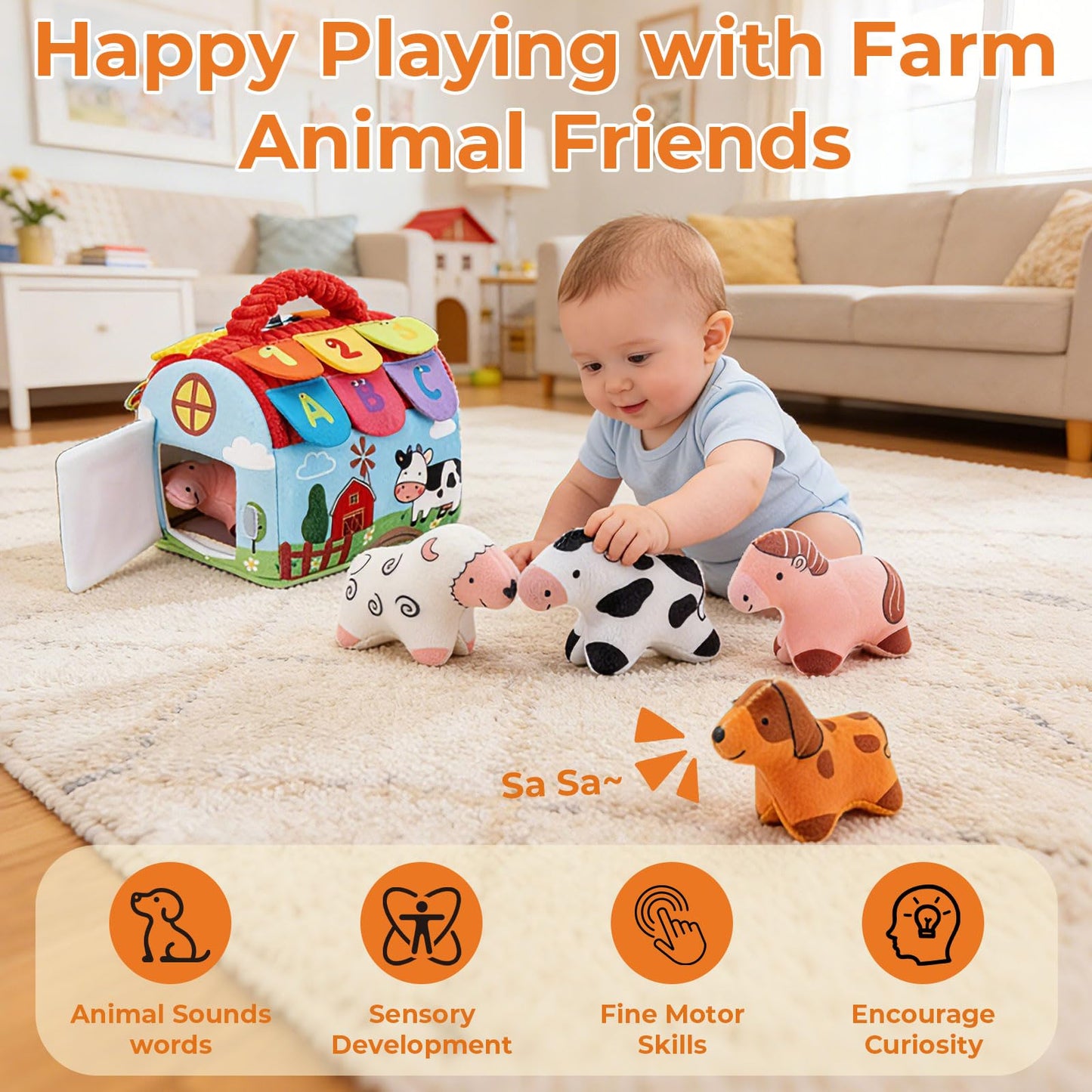 Eaistose Baby Toys 6-12 Months, Barn with Stuffed Farm Animals, Montessori Toy for Babies, Sensory Toys for Toddlers 1-3, Portable Baby Farmhouse Toy, Birthday Gift for Infants & Toddlers