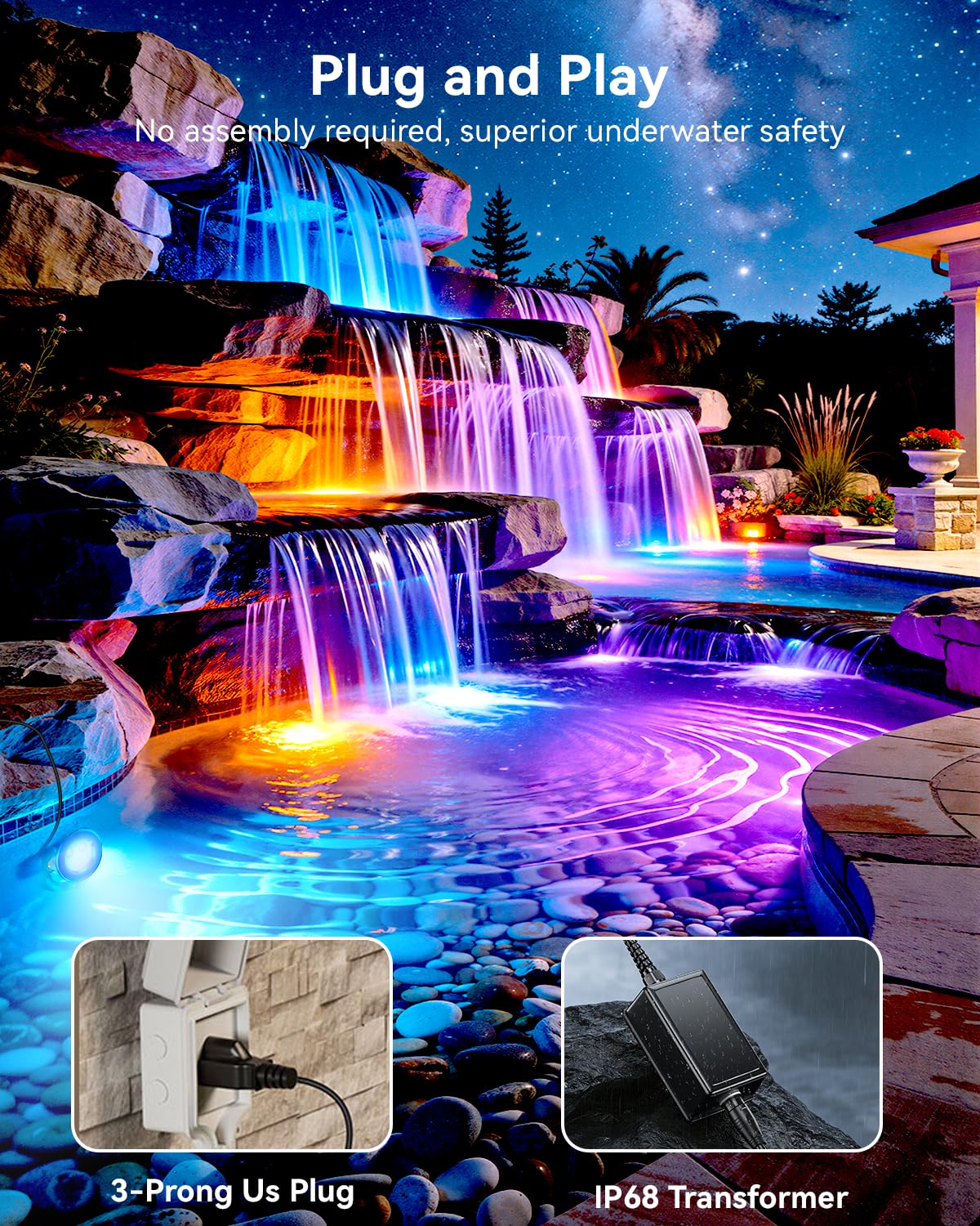 OSREE All in One RGB Underwater Pond Light Kit with APP, 6W IP68 Waterproof Fountain Light with 12V Transformer, Pond Lights LED Underwater for Large Pond Stream Fountain Water Feature, 51FT, 4Pack