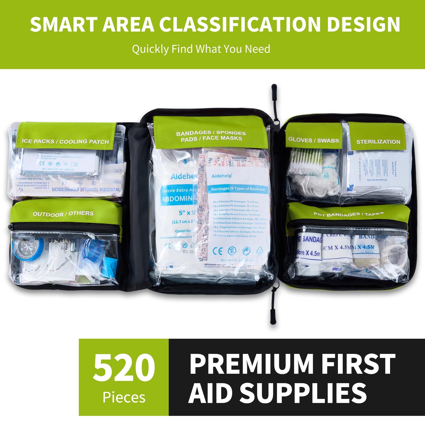 520 Pieces Premium First Aid Kit - Large Emergency Medical Kit for Survival, Car, Home, Travel, Camping, Backpack, Hiking, School (Green)
