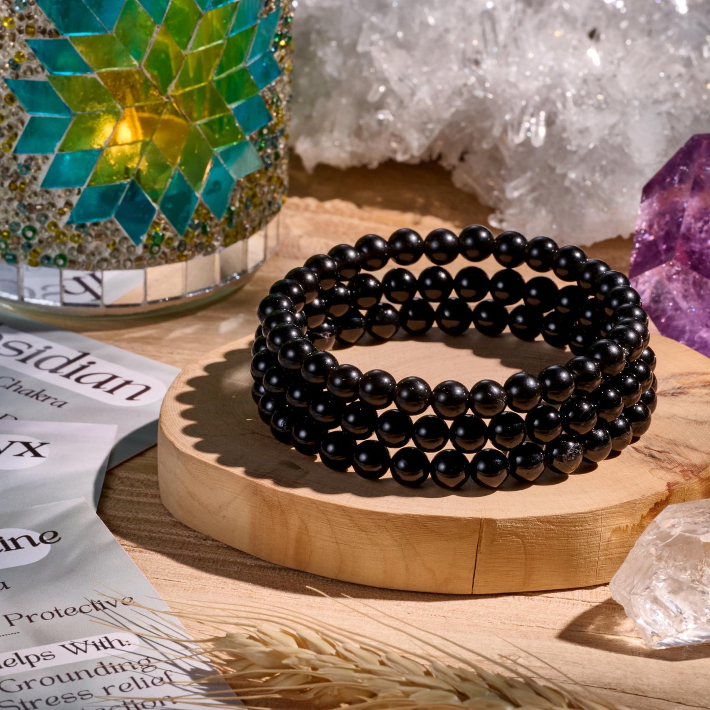 Bivei 3-Piece 8mm Beaded Bracelets for Women – Black Onyx, Black Obsidian, Black Tourmaline – Handmade Natural Crystal Stretch Elastic Jewelry for Meditation, Yoga, Protection Gifts