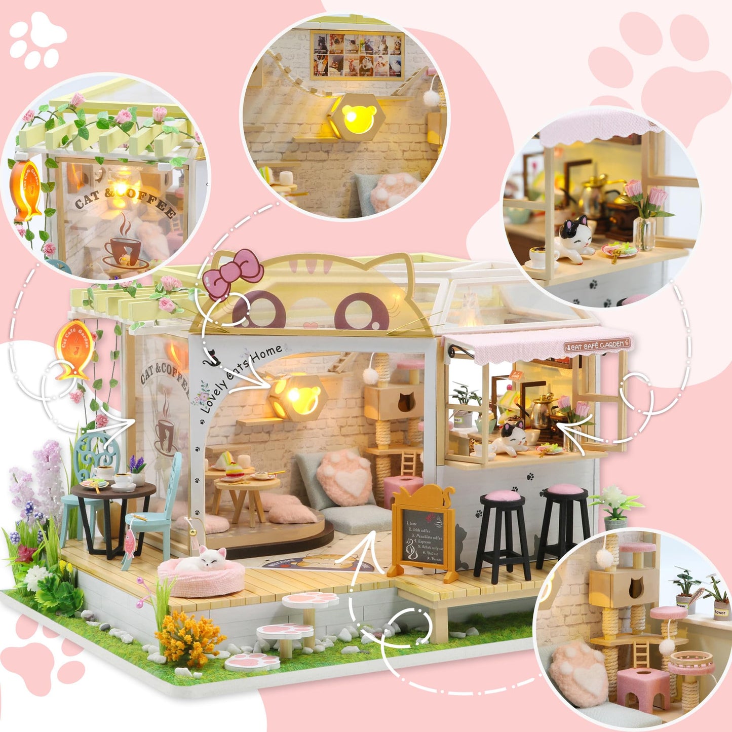 Kisoy Dollhouse Miniature with Furniture Kit, Handmade DIY House Model for Teens Adult Gift (Cat Cafe Garden)