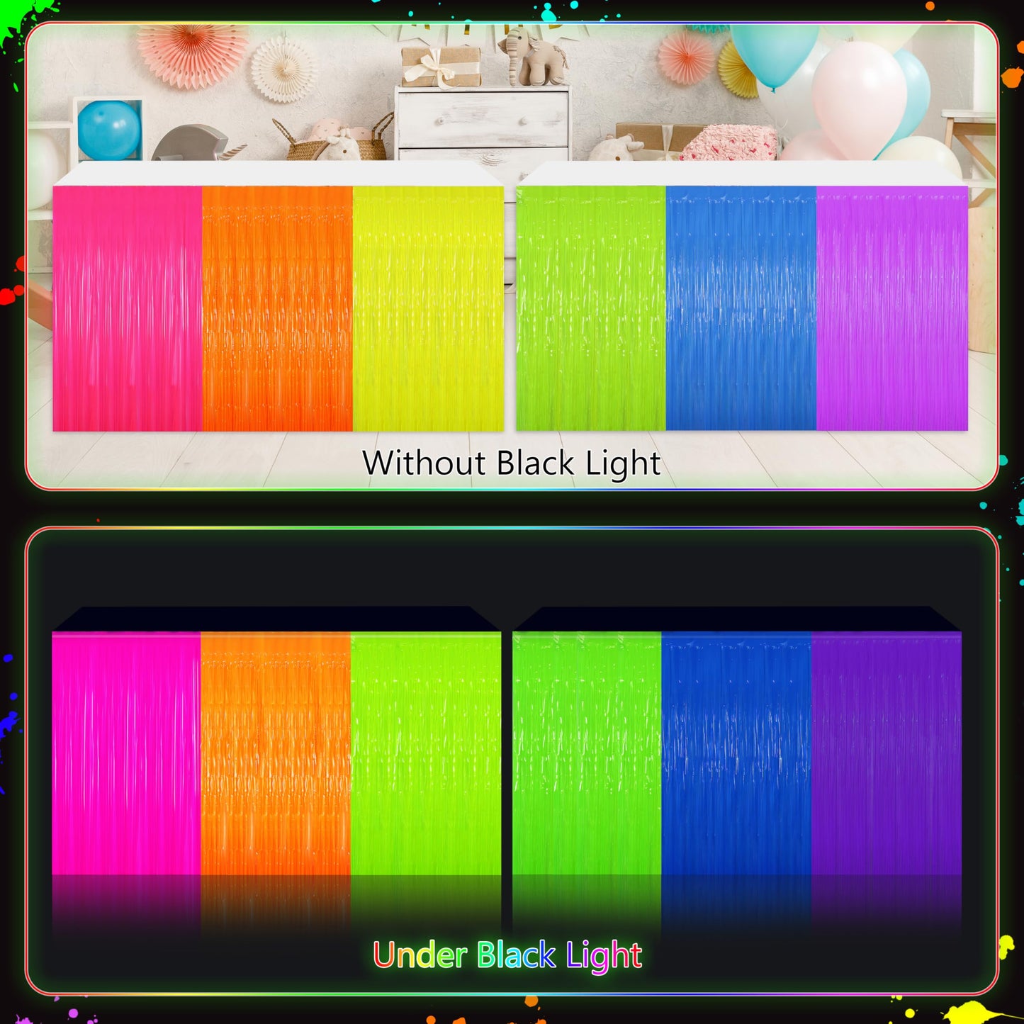 Glow in The Dark Party Supplies Kit - Neon Birthday Decorations with Balloon Garland Arch, Fluorescent Tinsel Curtains, Star Swirls, Cake Toppers & Table Skirt (100+ Pieces)