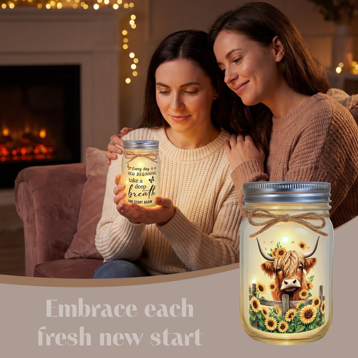 Highland Cow Inspirational Gifts for Women - Double-Sided Decorative Mason Jar Light, New Beginning Self Care Motivational Sunflower Decor Gift for Friends Daughter Sister Coworker