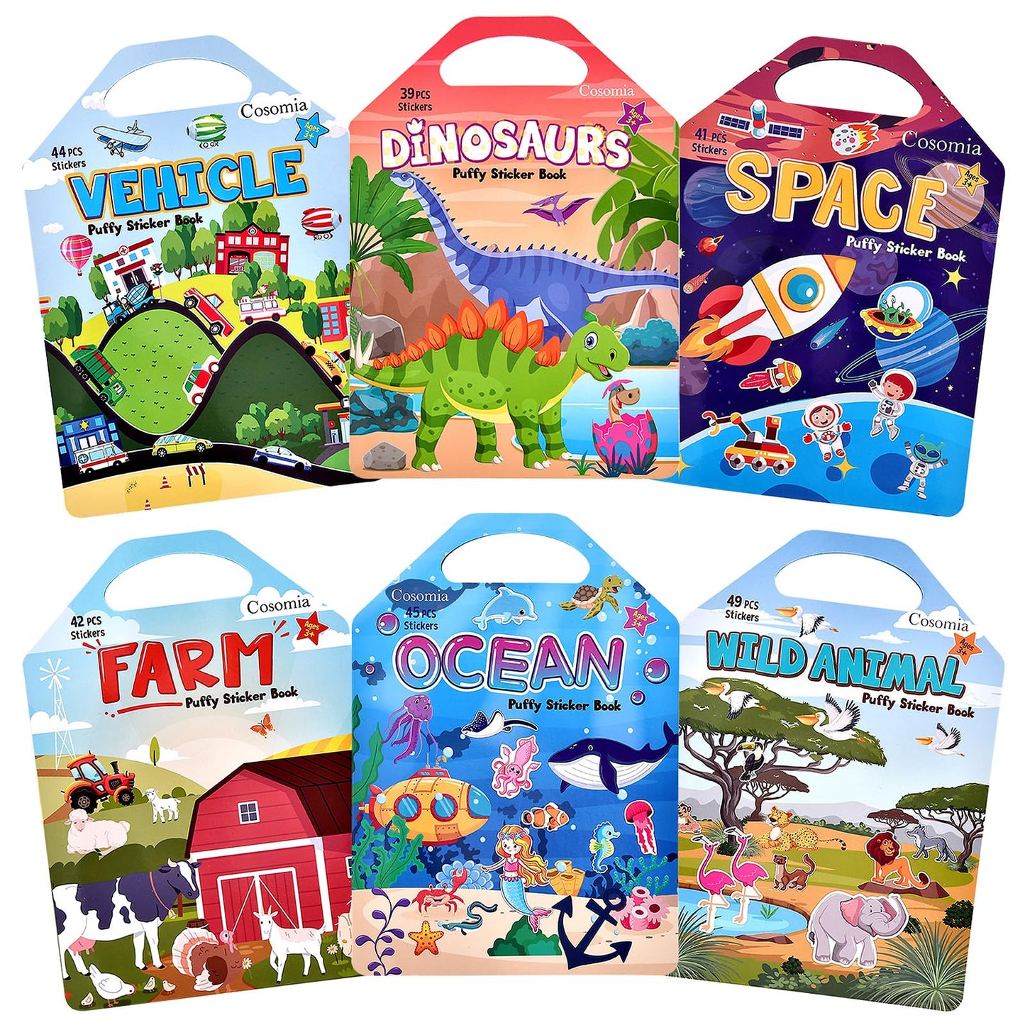 Cosomia 6 Set (260pcs) Puffy Sticker Books Activity for Kids, Animal, Farm, Dinosaurs, Space, Vehicle, Ocean, 3D Reusable Stickers for Boys and Girls, Travel Sticker Books for Kids Ages 3+