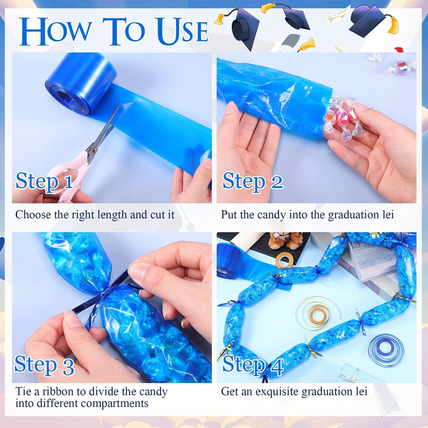 Fuutreo Graduation Candy Lei Making Kit 98 ft Candy Lei Poly Tubing with 6 Rolls 33 Feet Ribbon for DIY Graduation Packing Snacks Grad Party Supplies Gifts Craft(Blue,2.4 in)