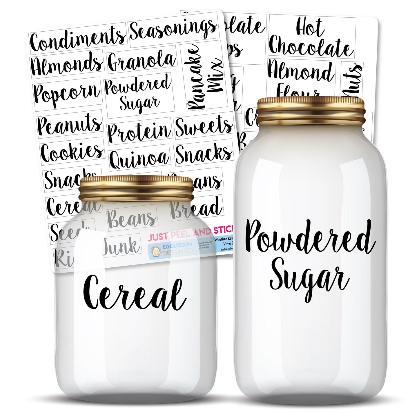 Kitchen Pantry Organization Label Decal Stickers for Jars, Containers, and Canisters Flour, Coffee, Sugar, Tea 40 Pack