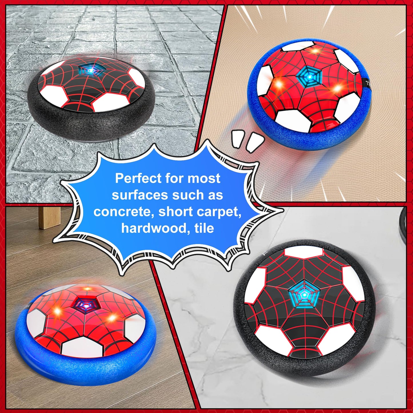 BESTVIVE Hover Soccer Ball, 2 Pack - Indoor Soccer Toys for Kids, Cool Sports Games for Boys and Girls, Birthday Gifts（Red and Black）