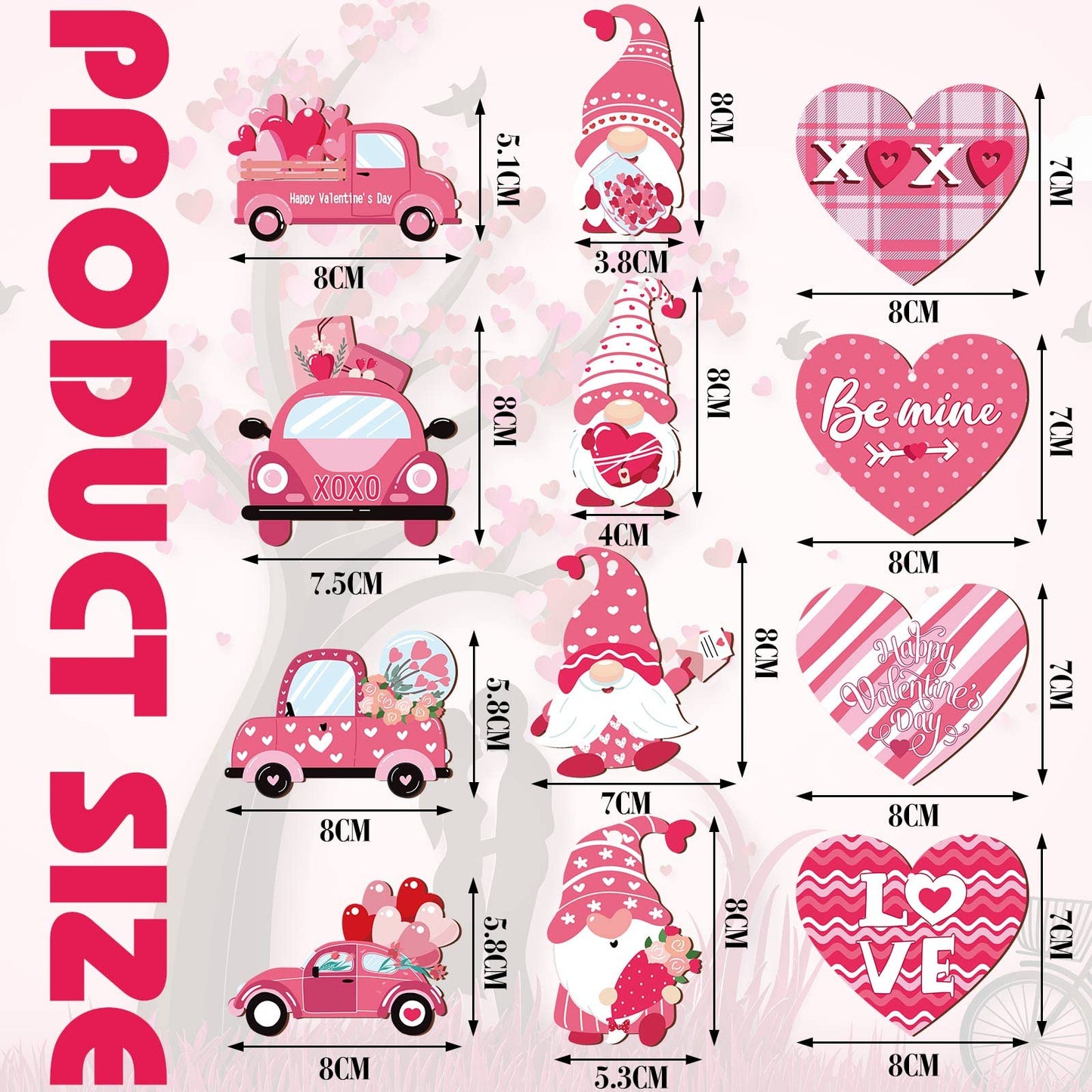 Qunclay 36 Pcs Valentine's Ornaments Valentines Wooden Hanging Gnome Ornaments Pink Romantic Wall Decor Pink Truck Decoration Pickup Truck Decoration for Anniversary