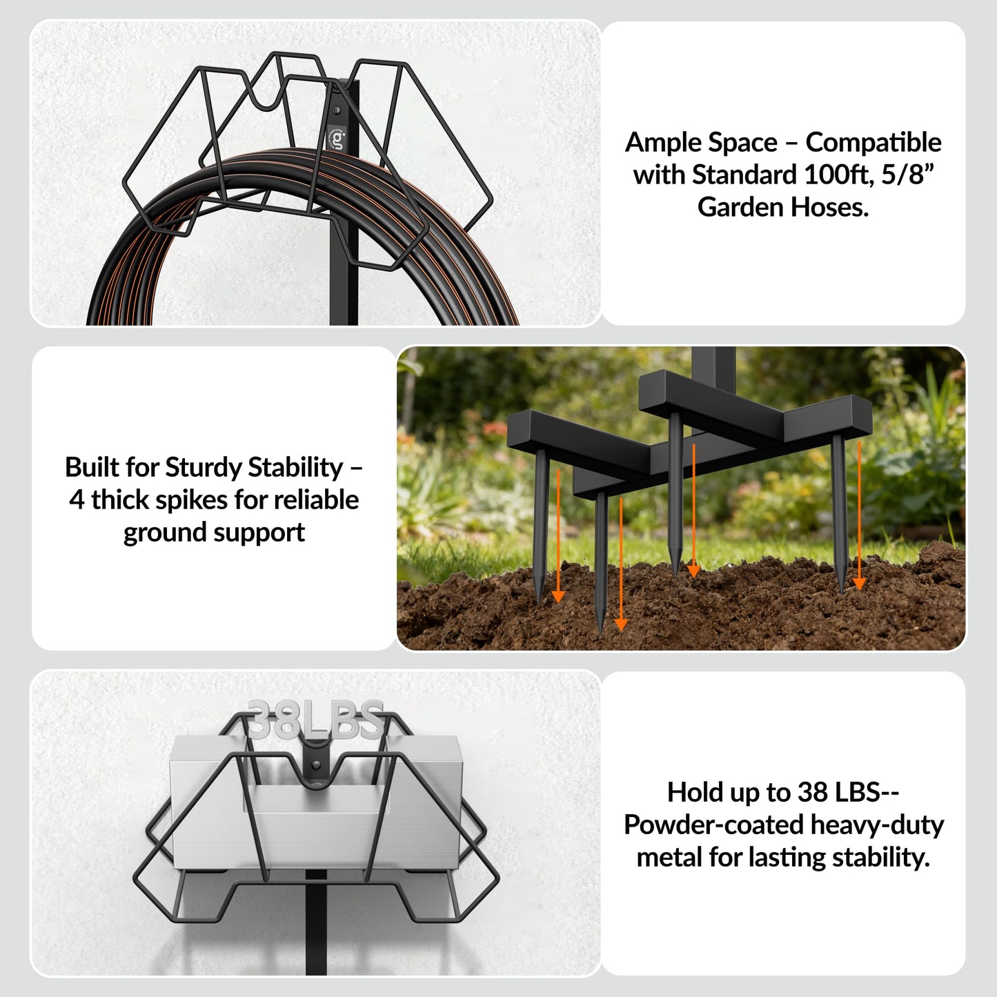 Giraffe Tools Garden Hose Holder- Heavy-Duty Freestanding Metal Stand, Holds 100FT Hose with 4 Spikes,Sturdy Hose Storage Stand for Outside Yard,Lawn,Garden,Black