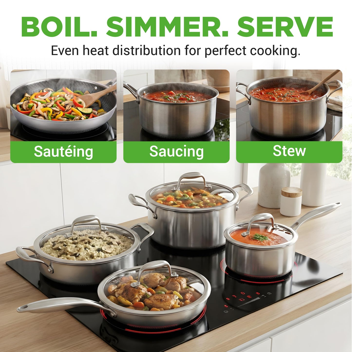 NutriChef 8-Piece Triply Cookware Set Stainless Steel - Triply Kitchenware Pots & Pans Set Kitchen Cookware, Non-Stick Coating - Sauce Pot, Stew Pot, Cooking Pot, Frying Pan, Lids - NC3PLY8Z