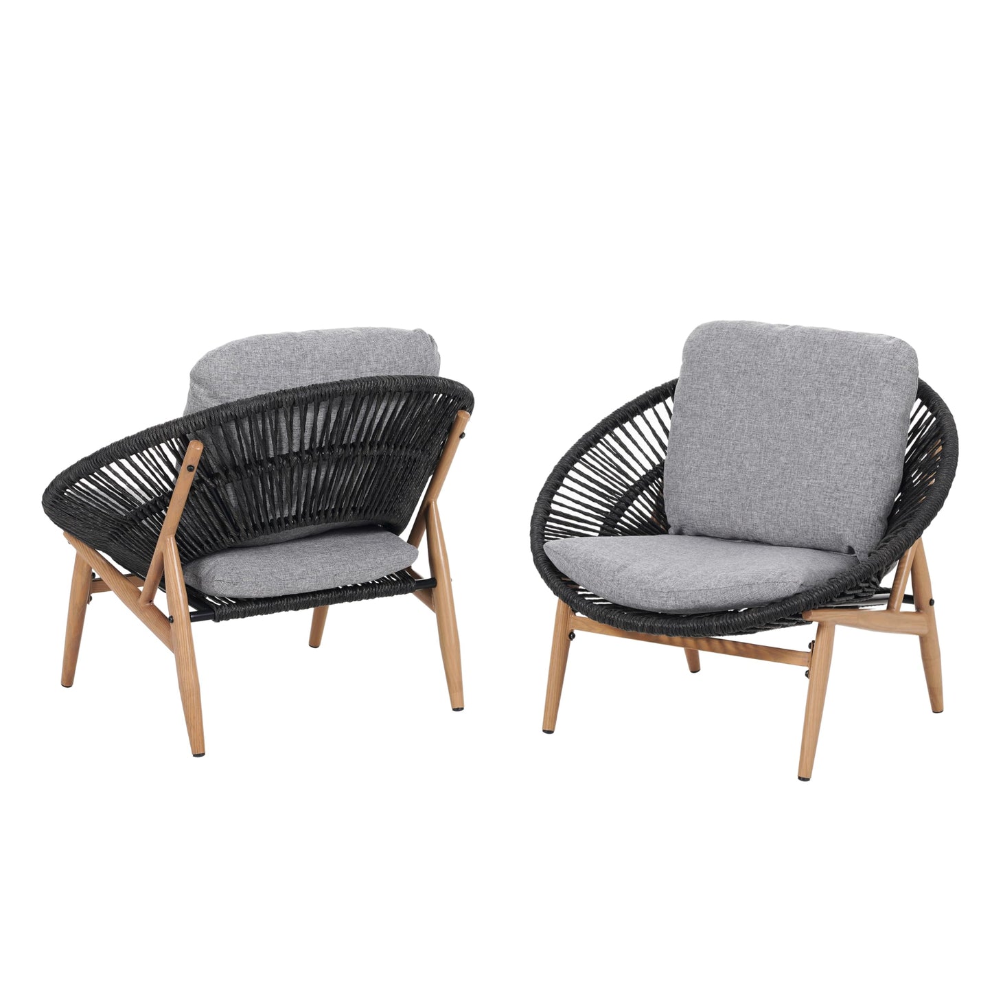 Merax Outdoor Wicker Papasan Chair Set of 2, Rattan Patio Papasan Egg Lounge Chair with Cozy Cushion, Low Seat Round Chair for Backyard Balcony Garden Poolside, All-Weather, Easy Assembly, Grey
