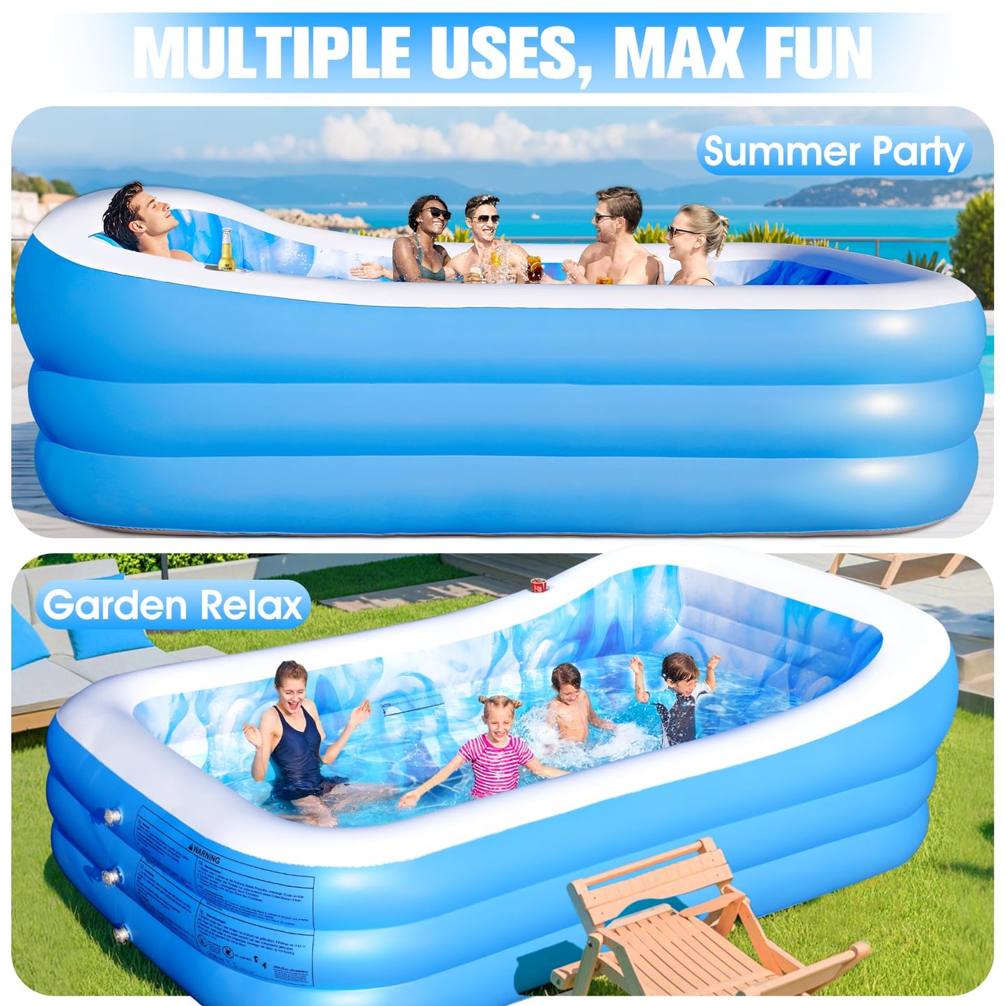 AixPool Inflatable Pool with Seats and Headrest,Oversized Thickened Large Blow Up Pool for Audlt,Inflatable Backyard Pools for Adult,Durable Swim Center Inflatable Family Lounge Pool 98"x63"x21.6"