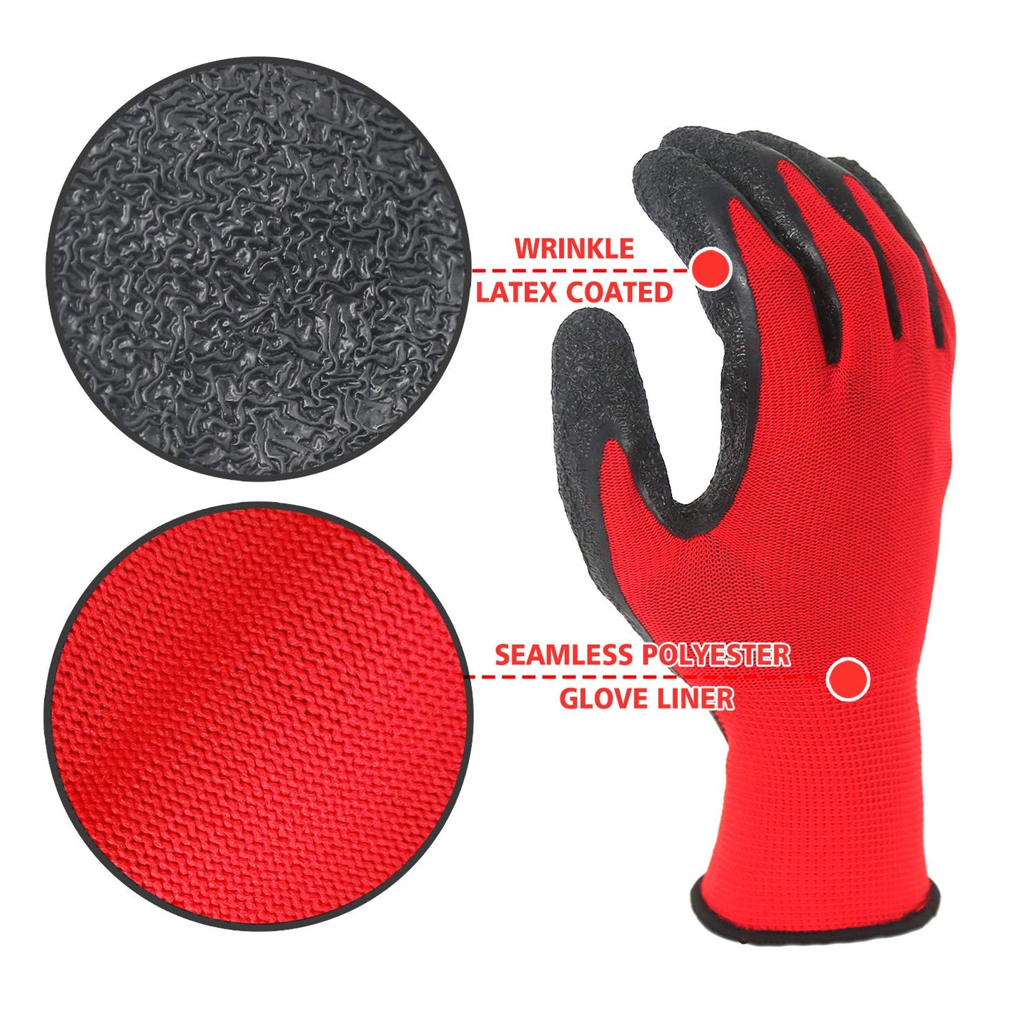 Evridwear Crinkle Latex Rubber Hand Coated Safety Work Gloves for Men Women General Multi Use Construction Warehouse Gardening Assembly Landscaping,Red Medium 12 Pairs Pack