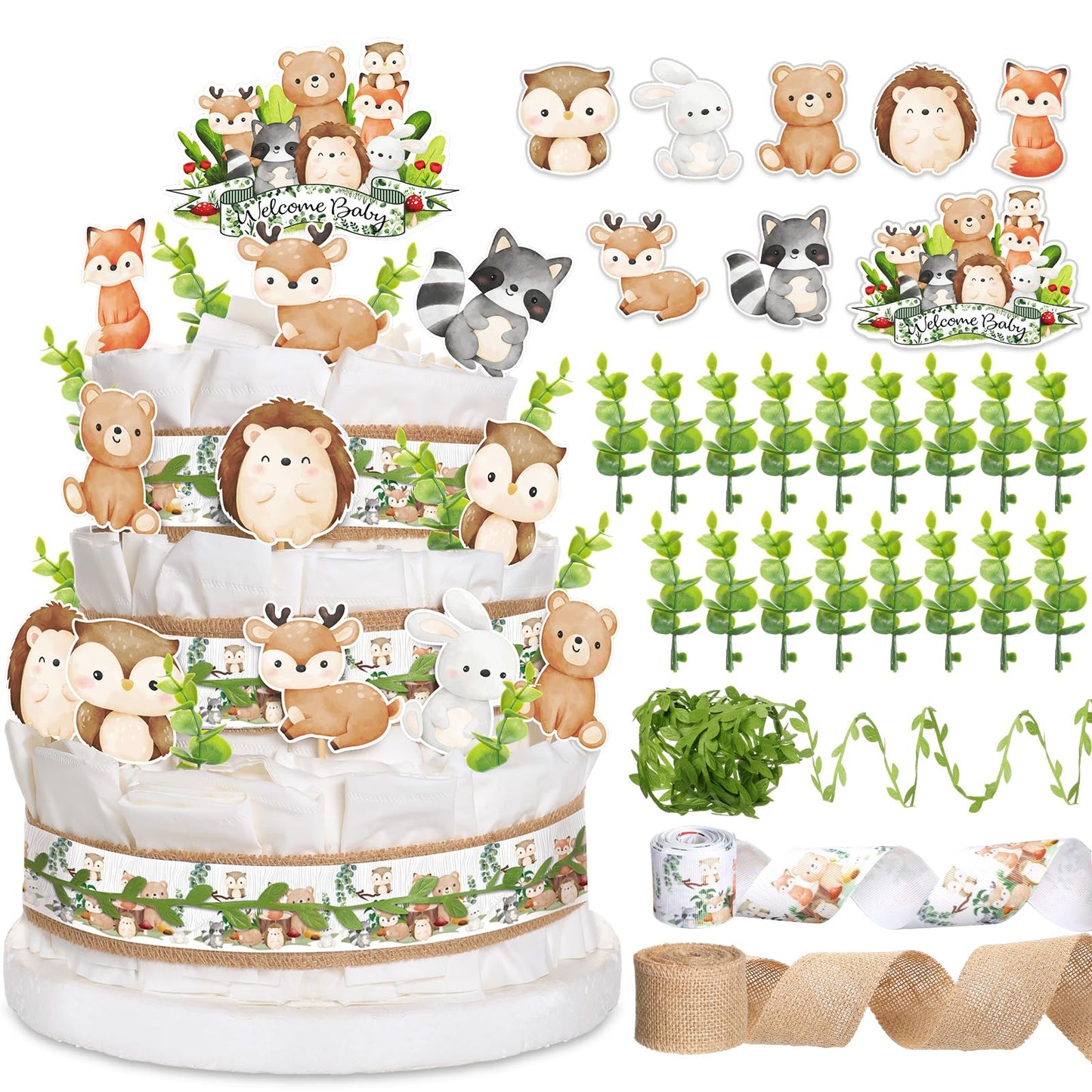 MotiMind Woodland Baby Shower Decorations DIY Diaper Cake Kit with Neutral Forest Animal Burlap Sage Green Leaf Ribbon Leaves Welcome Baby Gender Reveal Party Decor Mommy Gift(Card)