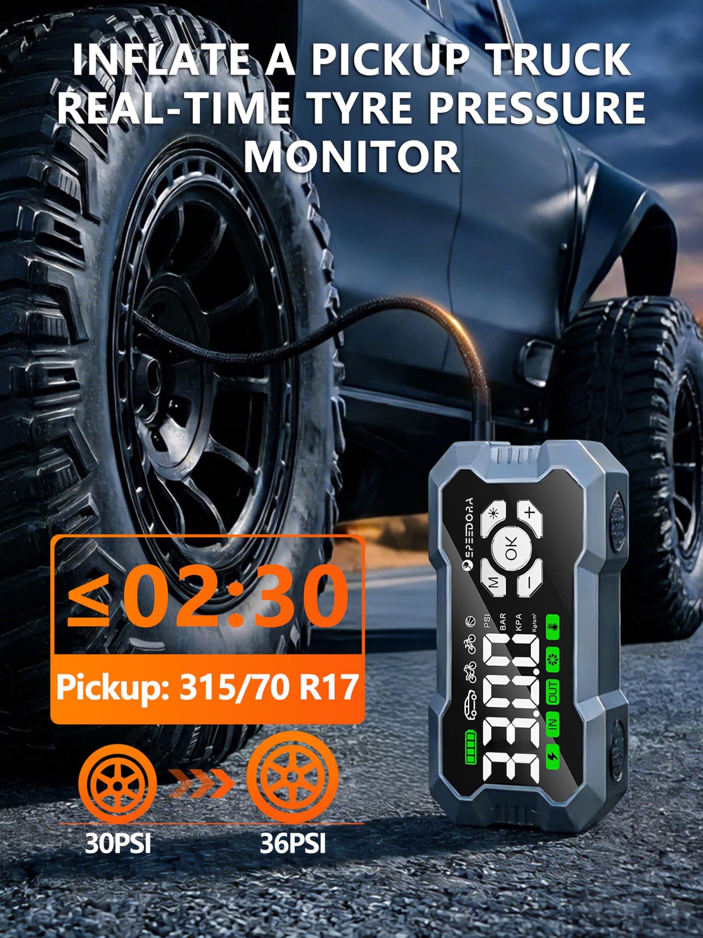 Jump Starter with Air Compressor, SPEEDORA 8000A Portable Car Battery Jump Starter for (All Gas/12L Diesel Engines), 160PSI Tire Inflator, 3.3" Screen,600LM Light, Jumper Cables,12V Car Booster Pack