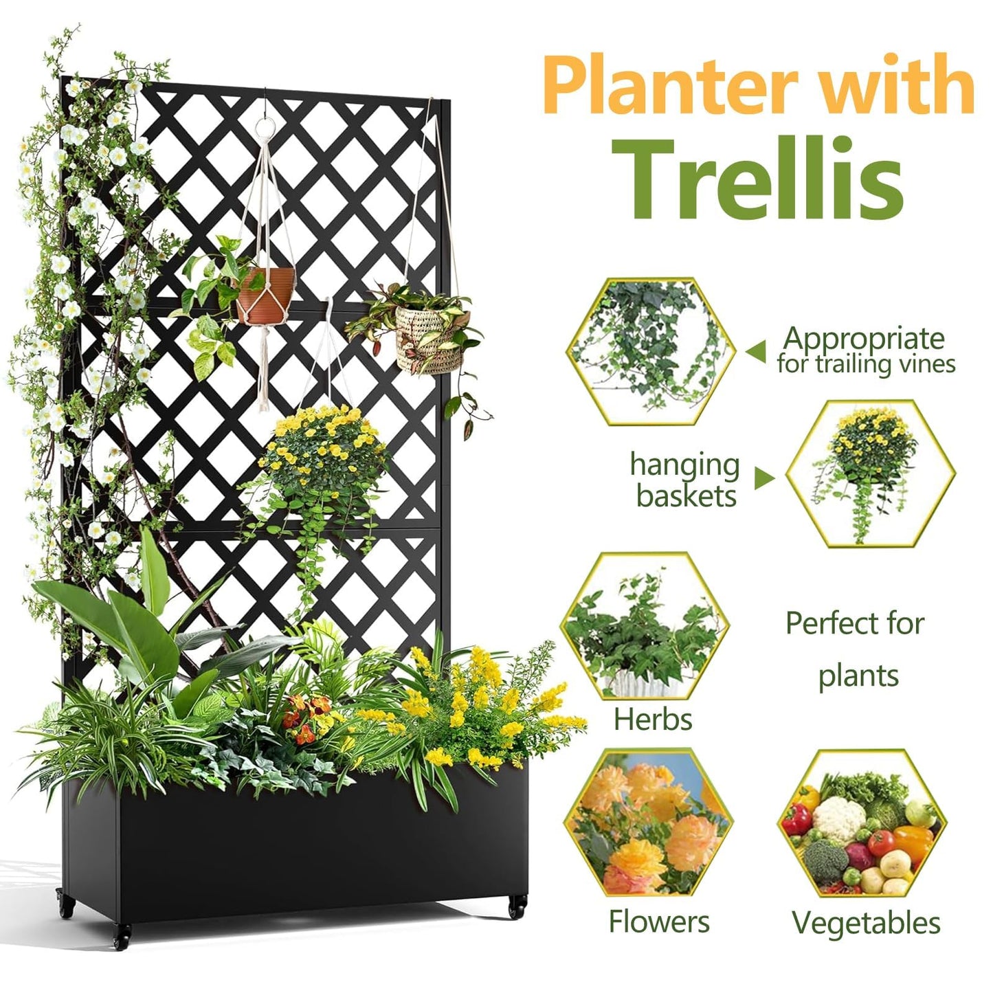 Takywep 72"x35" Black Raised Garden Bed with Diamond Lattice Trellis, Mobile Galvanized Metal Planter Box on Wheels for Climbing Plants, Vines & Flowers