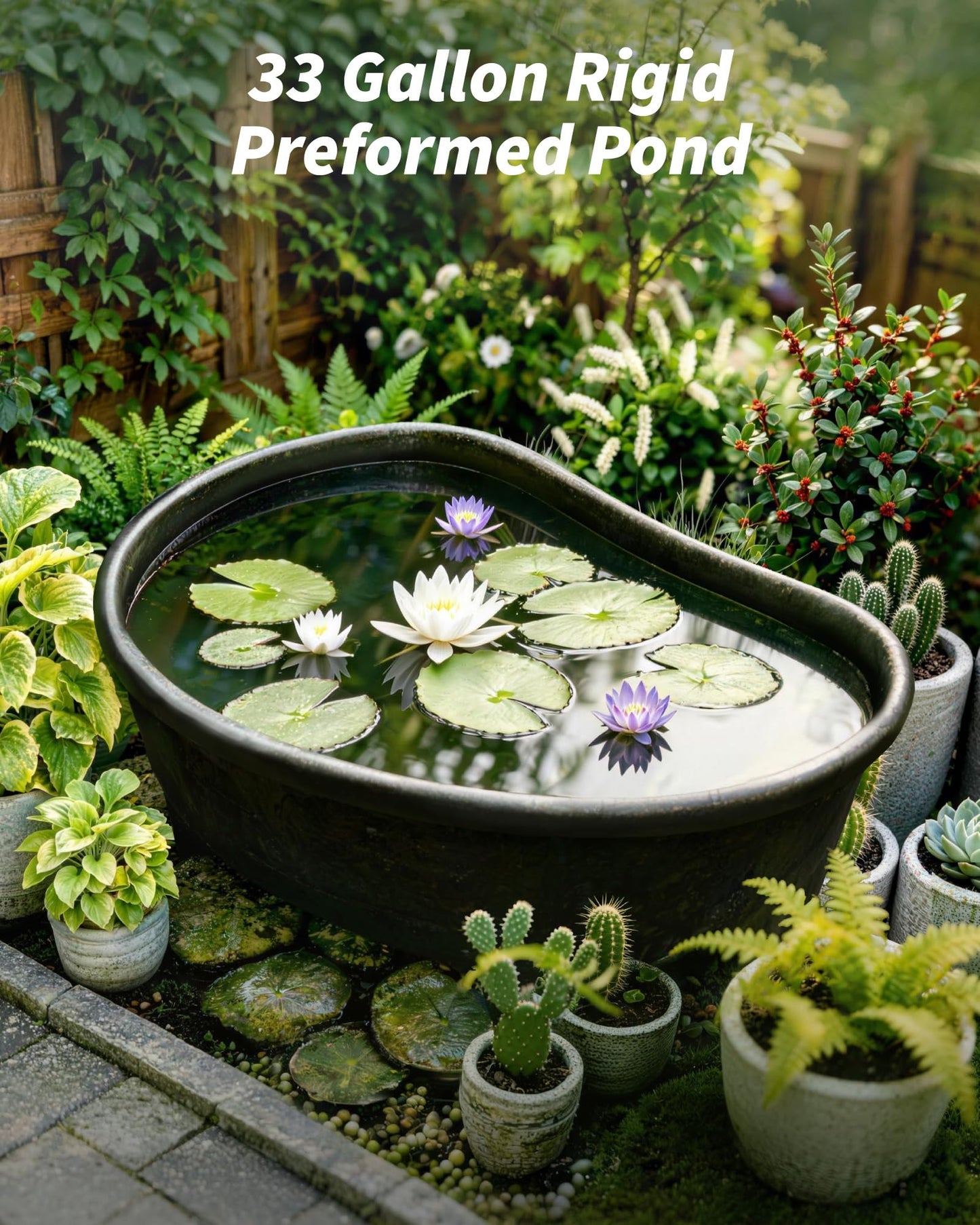 POPOSOAP Preformed Pond Liner, 33 Gallon Rigid Plastic Pond Tub Heavy Duty U-V Resistant Basin with Integrated Plant Shelves for Backyard, Garden and Patio Landscaping P797