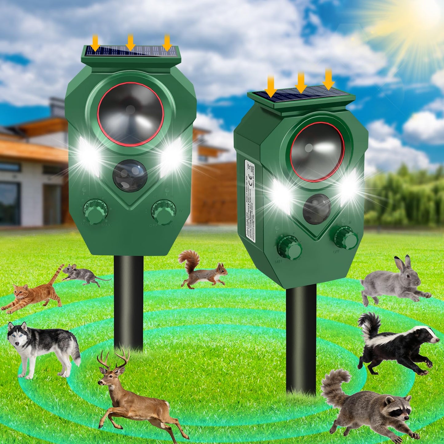 Ultrasonic Animal Repeller Outdoor - Cat Repellent & Deterrent with PIR Sensor & Flashing Light,Solar Powered Deer Repellent for Squirrels, Raccoons, Skunks,Rabbits,and Dogs, IP65 Waterproof （2 Pack）