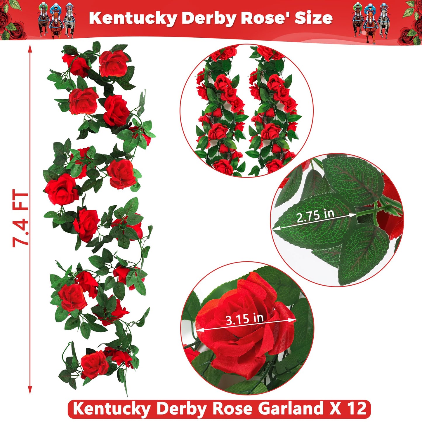 Kentucky Roses, 88.8FT Roses Derby Day Party Supplies Fake Vine Flowers Plants, Derby Day Rose Artificial Flower Hanging Indoor Rose Home Party Garden Craft Art Backdrop Decorations