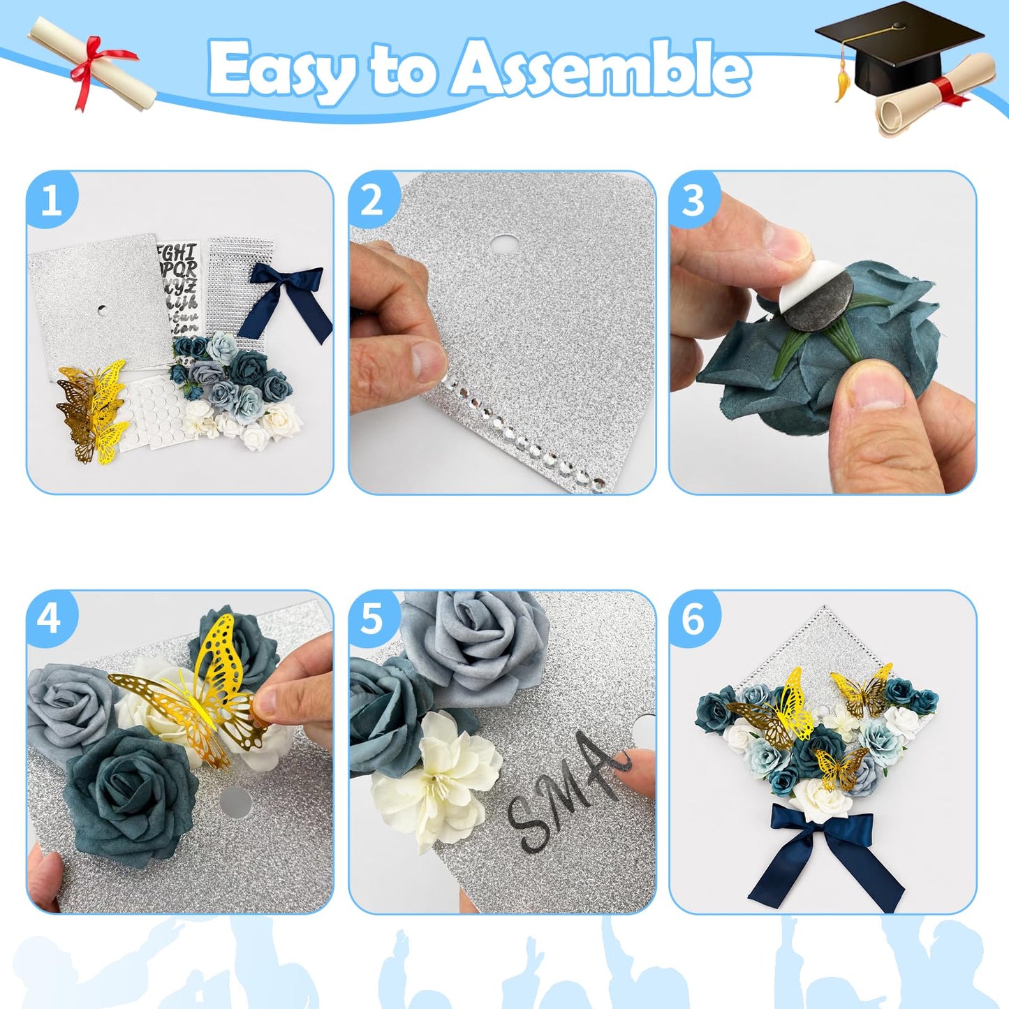 YIXAXKAO DIY Graduation Cap Decorations Kit Graduation Cap Topper Included Faux Rose Flower Heads 3D Butterfly Glitter Letter Stickers Grad Cap Decorations with Graduation Bow (Silver)