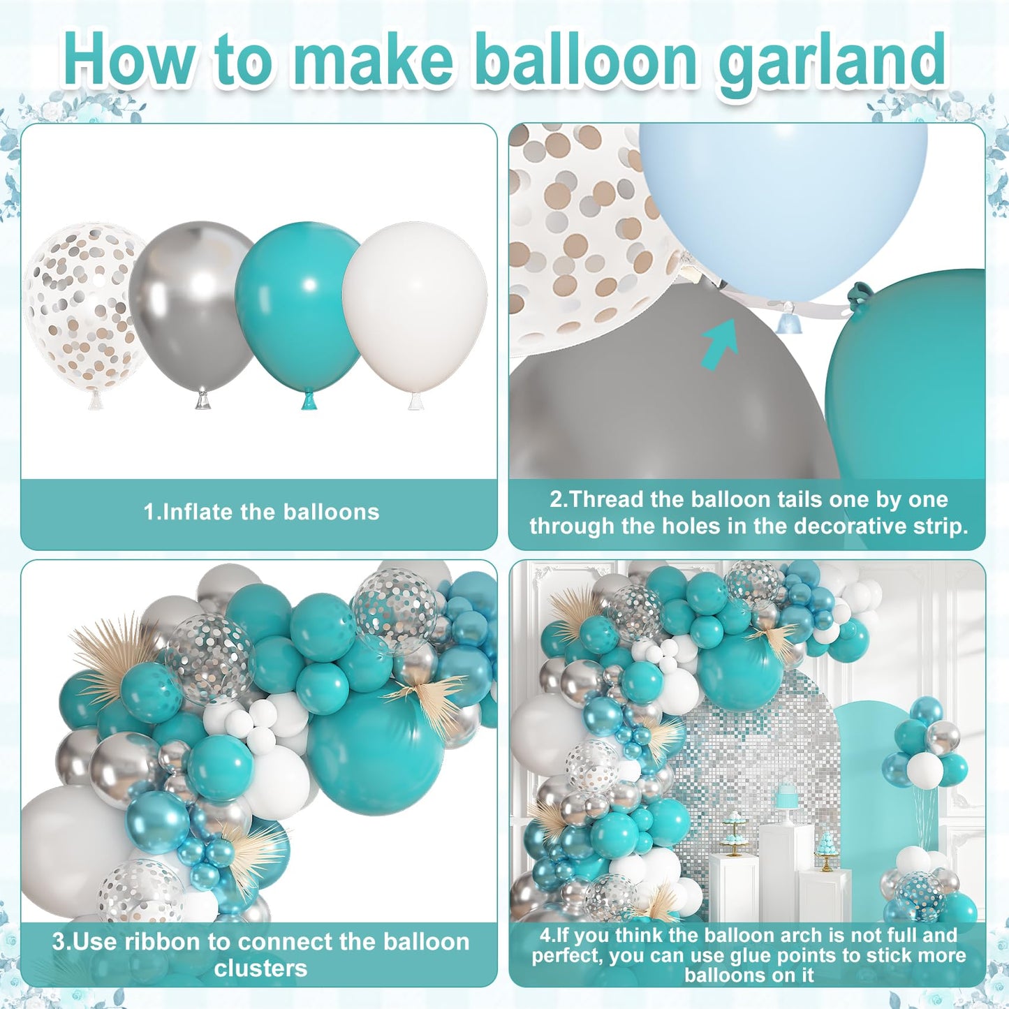 Ouddy Life Teal Silver White Balloons Arch Kit, 152 Pcs Turquoise Blue White Metallic Teal Silver Confetti Balloon for Graduation Wedding Bridal Baby Shower Birthday Anniversary Party Decorations