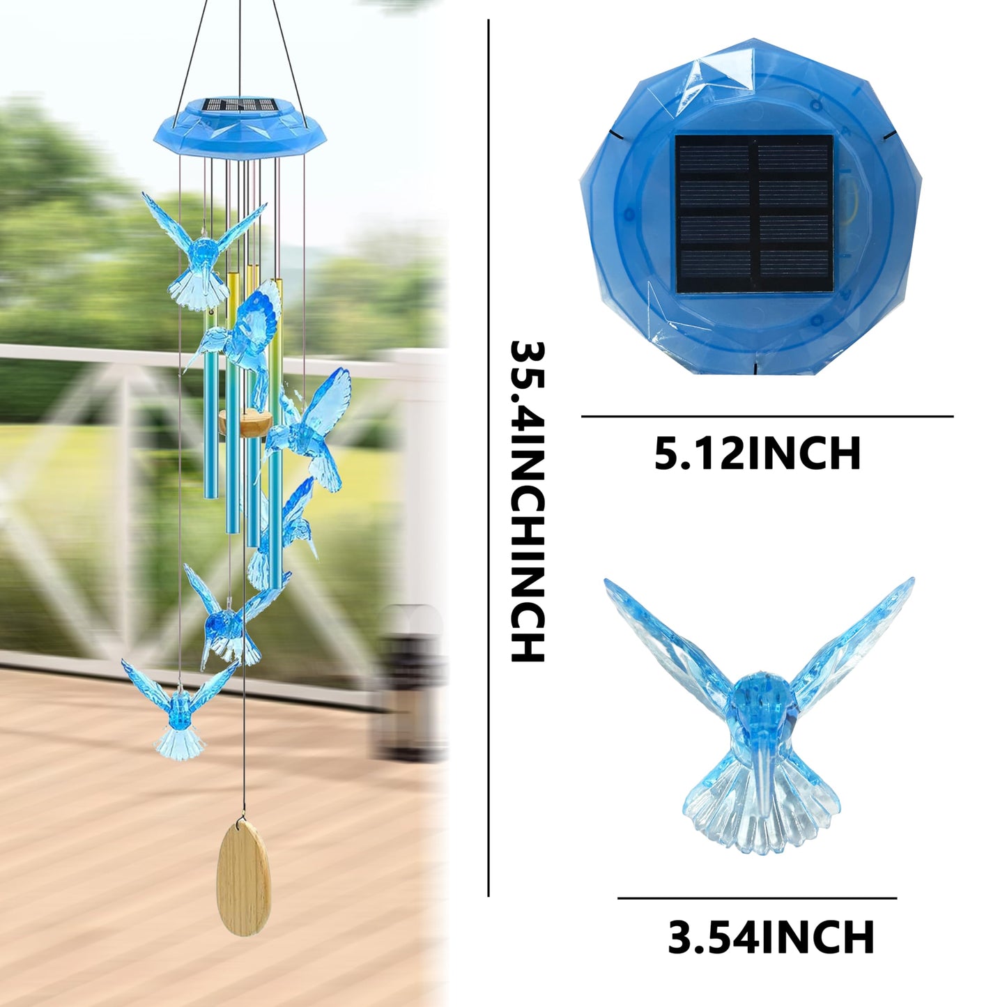 Outdoor Solar Wind Chime Decoration, Mother's Day Birthday Gifts for Grandma, Mom and Family, Outdoor Garden and Courtyard Wind Chime Accessories (Blue Hummingbird)