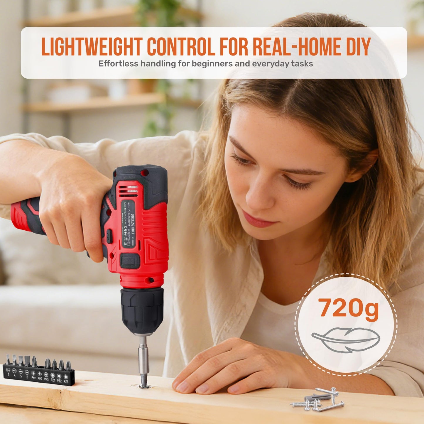 Hi-Spec 8V USB Power Drill Driver Screw Drill Bit Set. Cordless & Rechargeable Electric Drill Driver with Wall Hanging Kit,Red