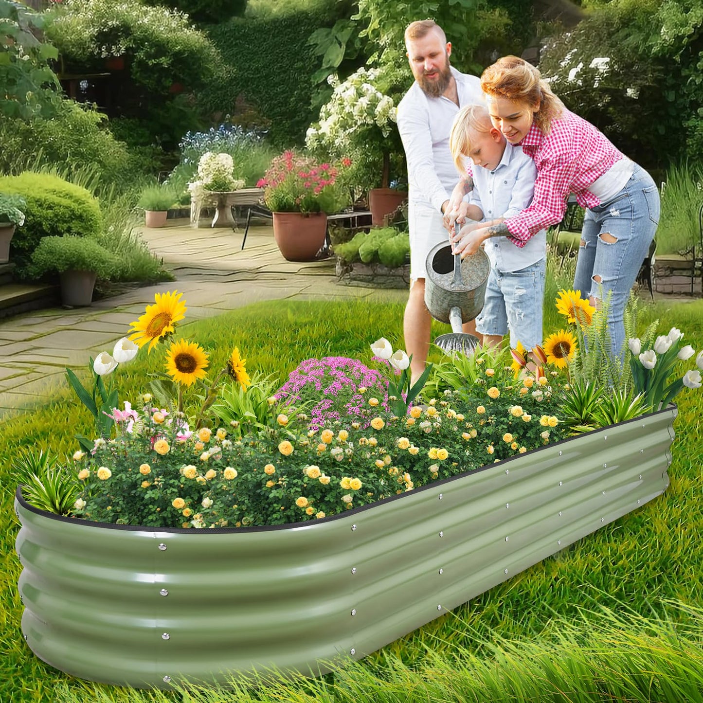 1MORE Galvanized Raised Garden Bed- Planter Garden Boxes Outdoor, Raised Beds for Gardening,Metal Garden Bed Kit for Vegetables Flower, Planter Raised Beds.8x2x1ft Green-2pcs