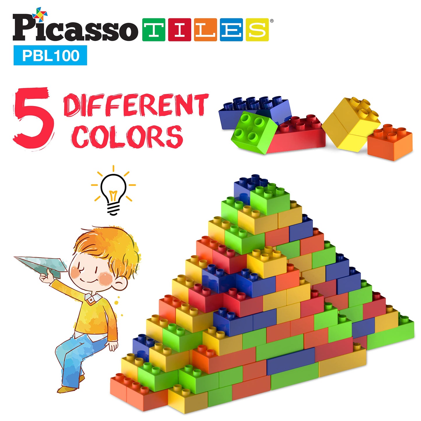 PicassoTiles 100 Piece Large Construction Brick Building Blocks STEM Bricks Toy Set Creative Learning Early Education Playset 5 Colors 4 Unique Shapes Mix & Match Toys for Kids Boys Girls Child Age 3+